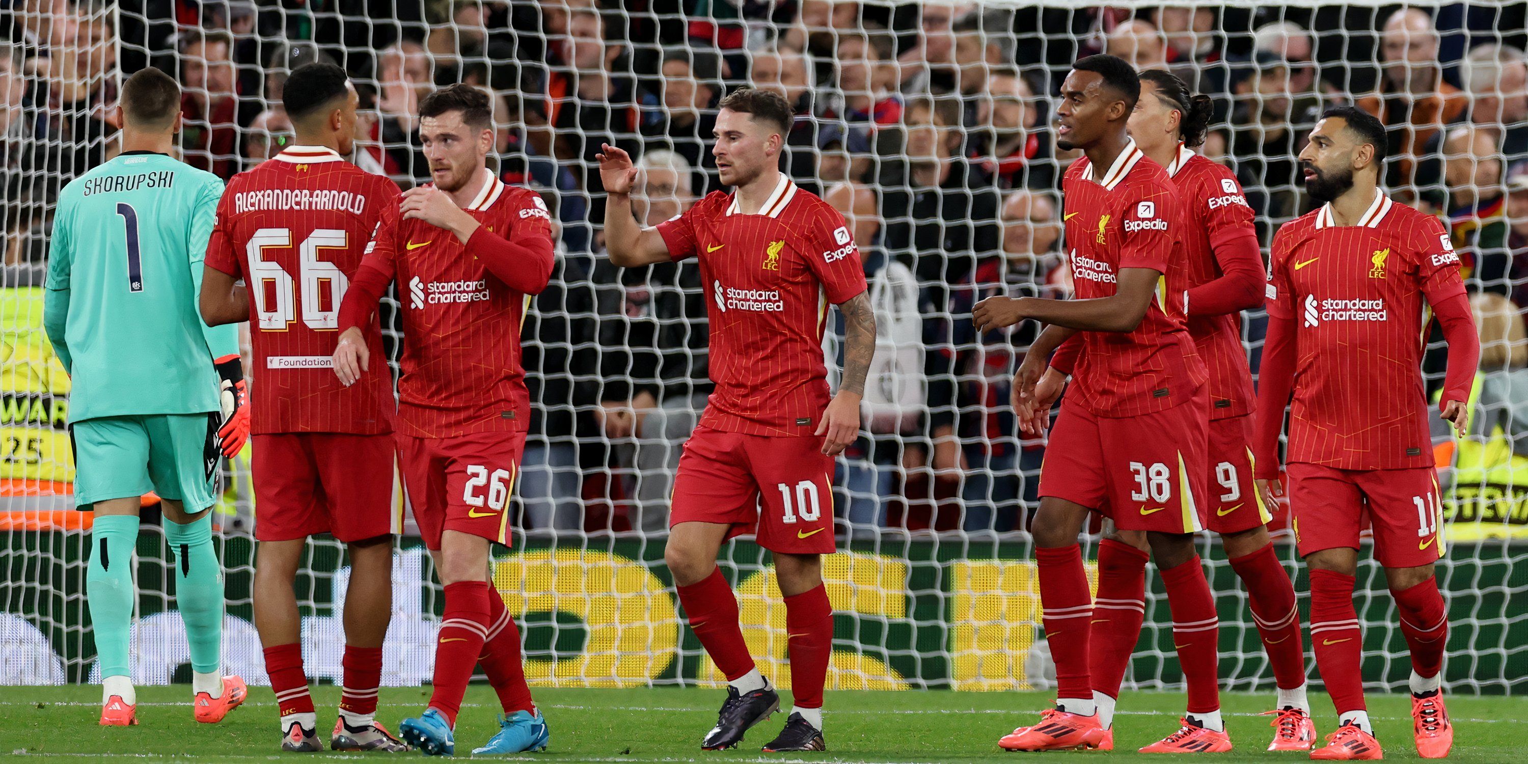 Alexis Mac Allister celebrates with Liverpool teammates