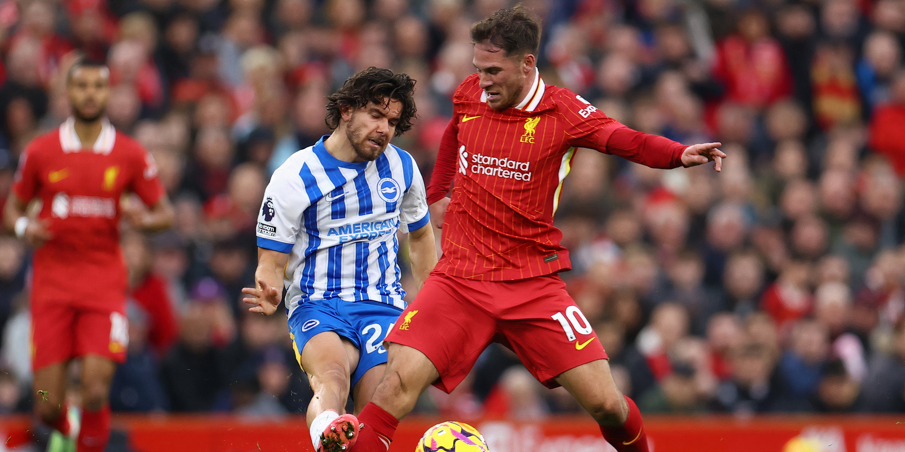 Liverpool midfielder Alexis Mac Allister challenges