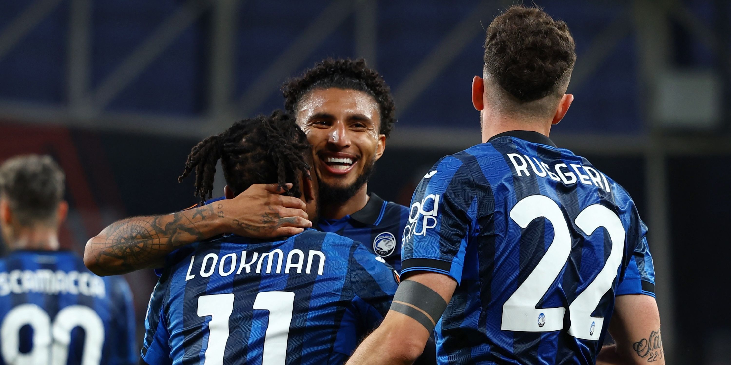 Atalanta player Ademola Lookman celebrates scoring his third goal with Ederson and Matteo Ruggeri and completing his hat-trick