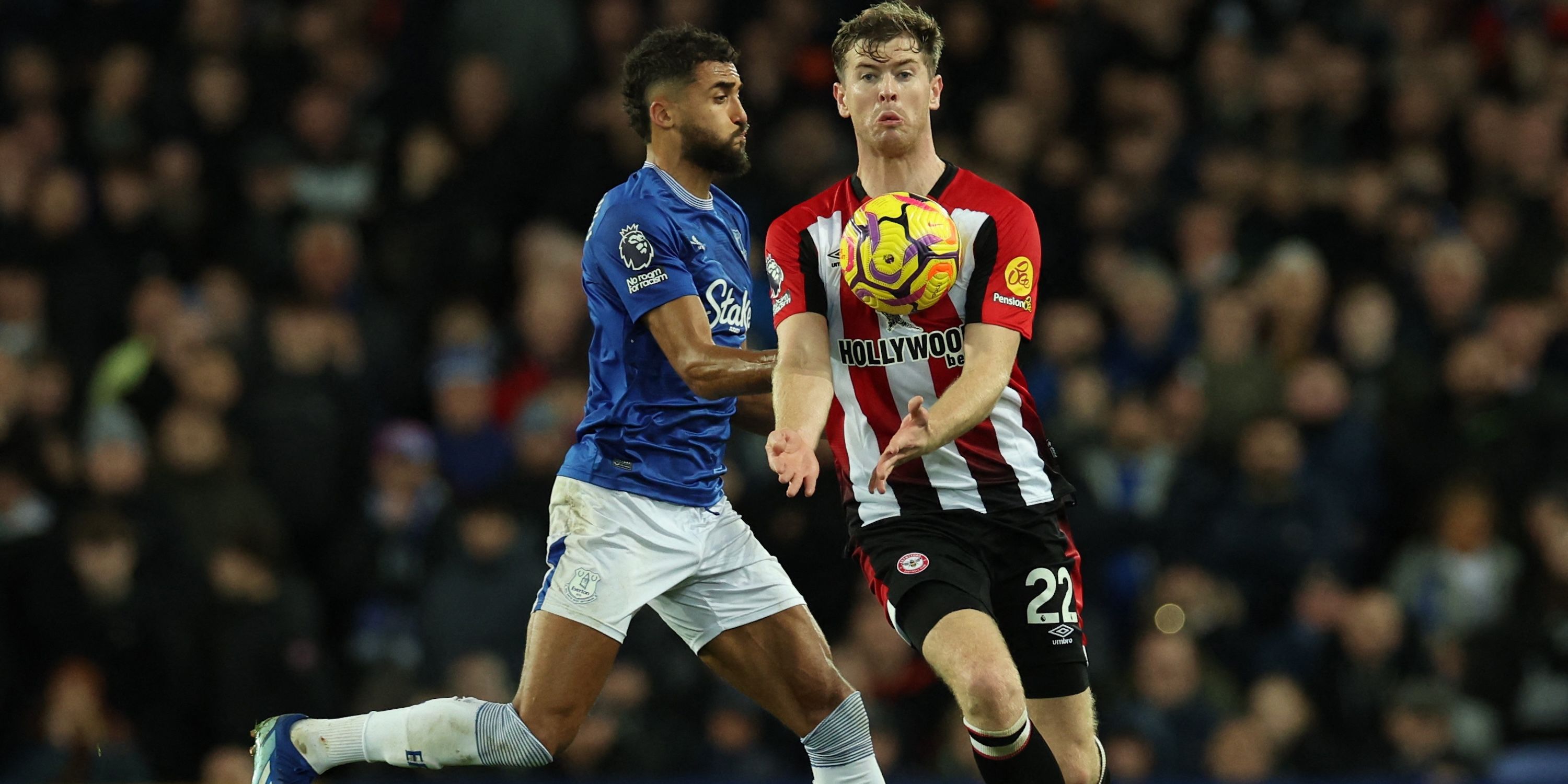 Brentford's Nathan Collins tackles Everton's Dominic Calvert-Lewin