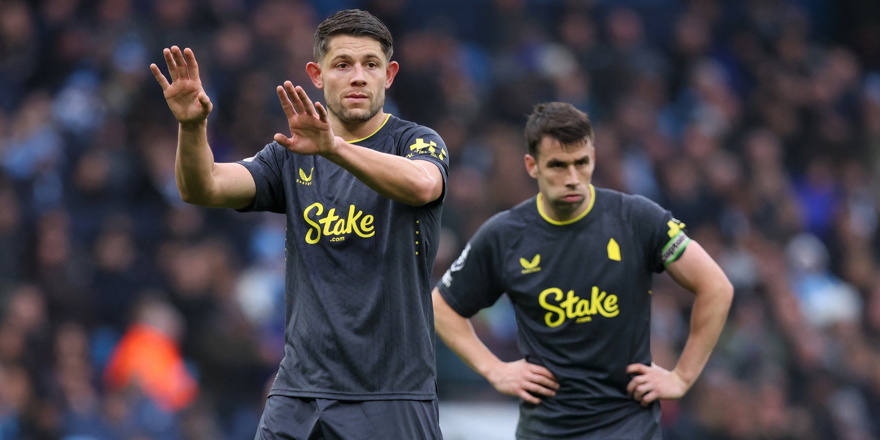 Everton defenders James Tarkowski and Seamus Coleman