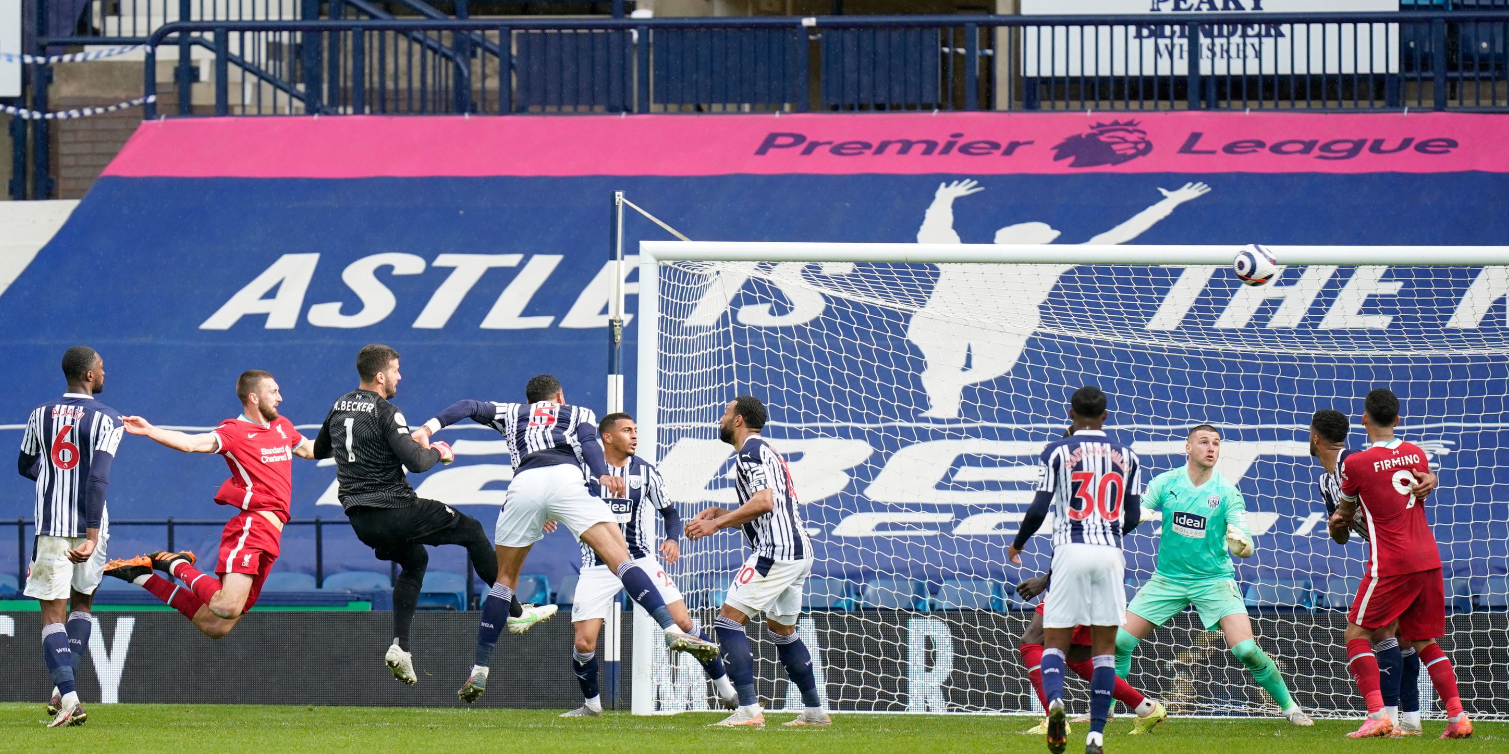 Alisson, Liverpool goalkeeper, scores against West Bromwich in the English Premier League