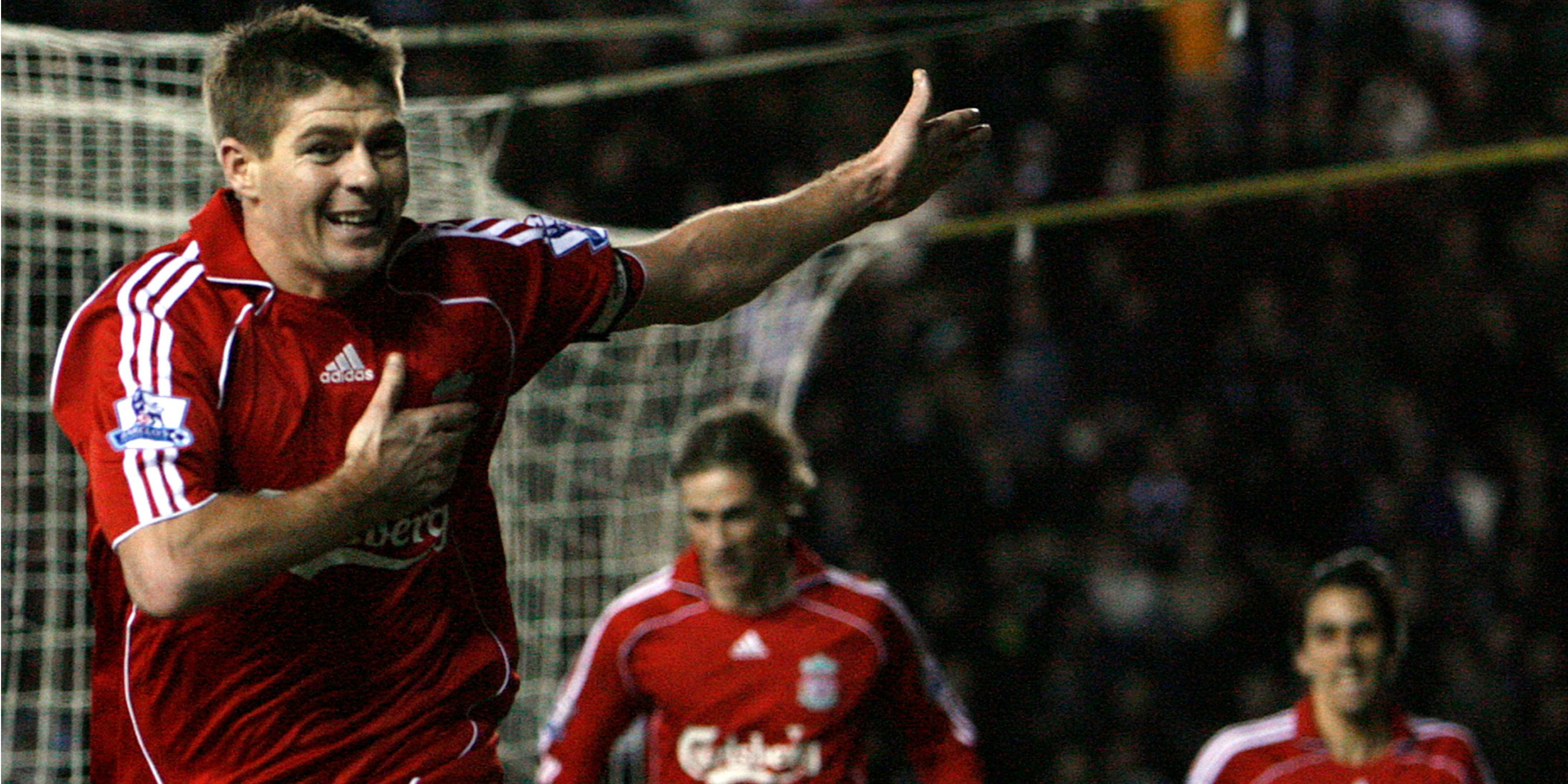 Steven Gerrard scores a goal for Liverpool against Derby County in the English Premier League in 2007