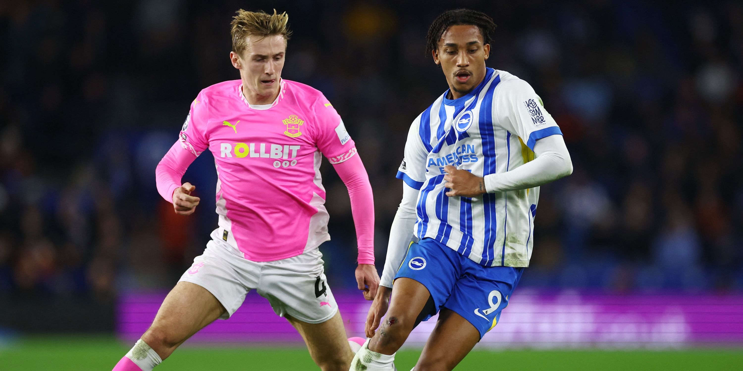 Southampton's Flynn Downes in action with Brighton & Hove Albion's Joao Pedro