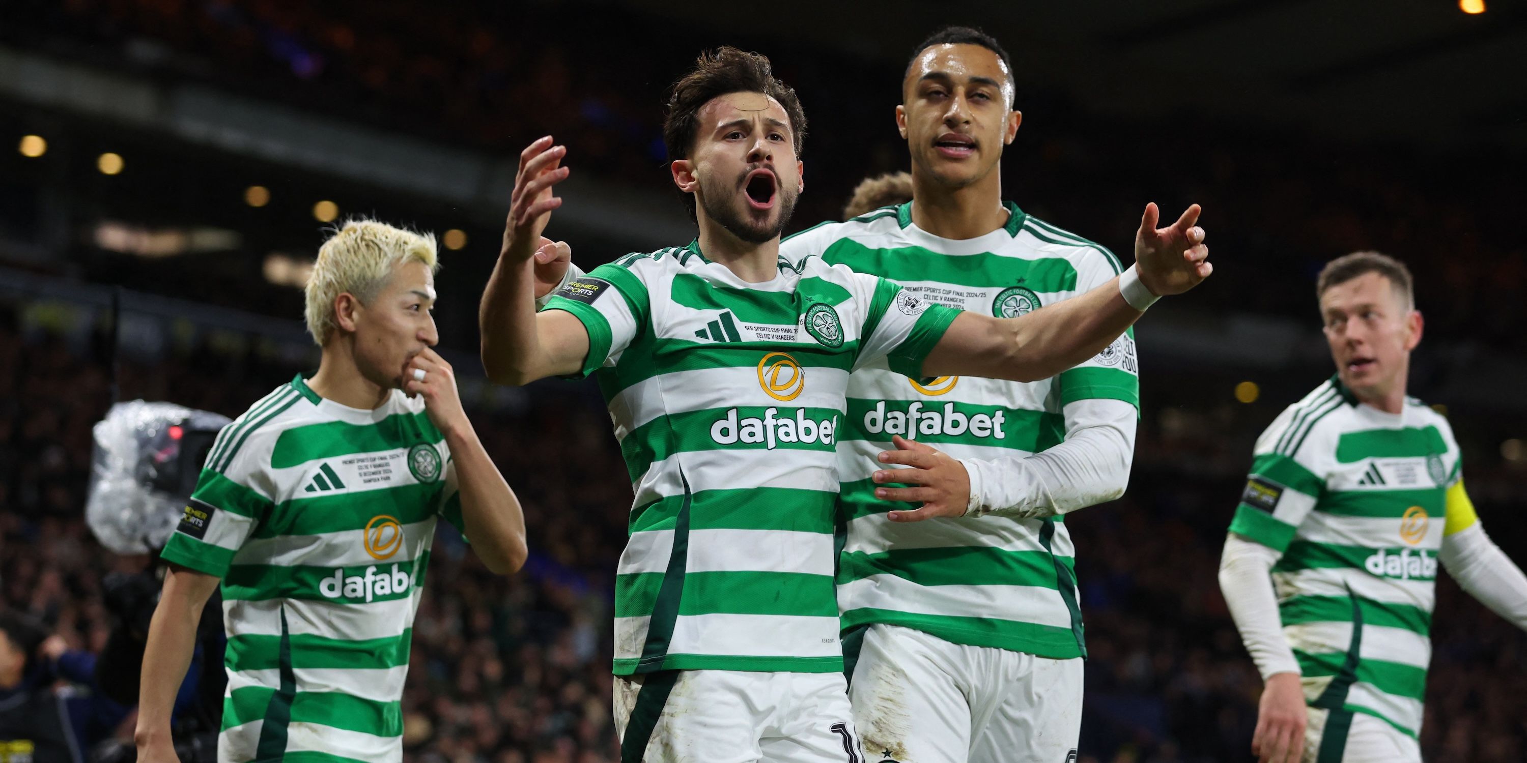 Celtic player Nicolas Gerrit Kuhn celebrates scoring his third goal with Adam Idah