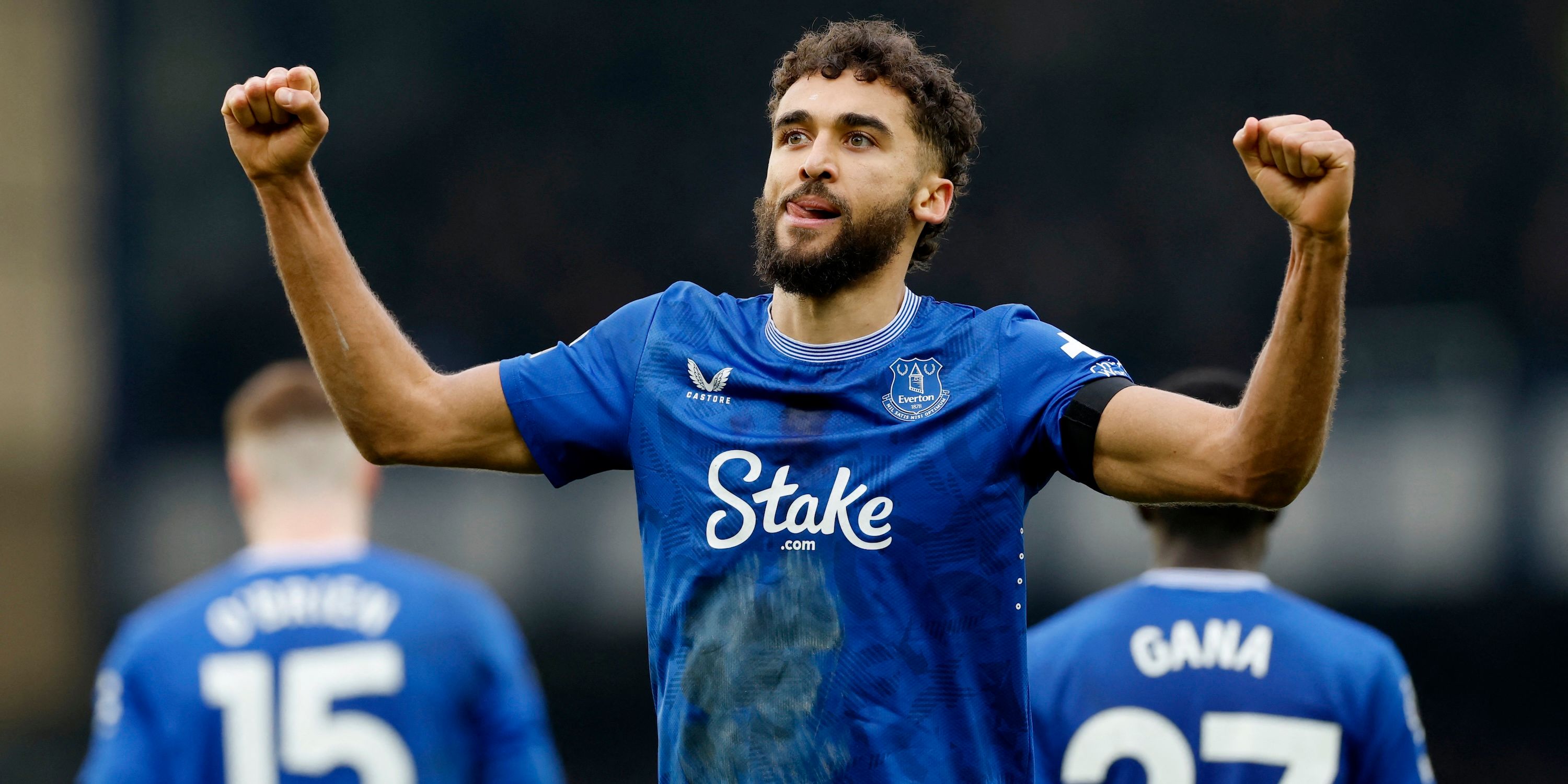 Everton's Dominic Calvert-Lewin celebrates their third goal, an own goal scored by Tottenham Hotspur's Archie Gray