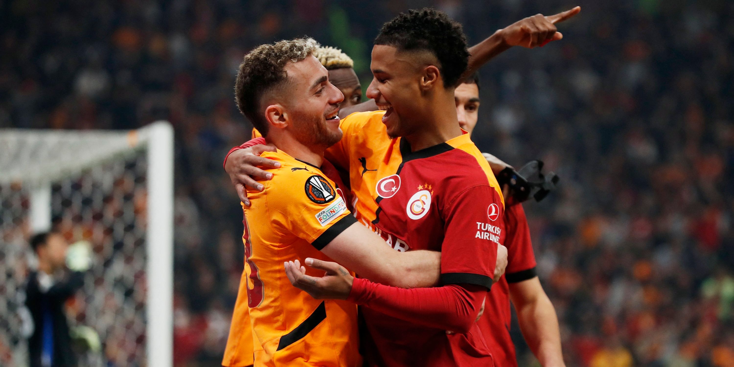 Galatasaray's Baris Alper Yilmaz and Ismail Jakobs celebrate after Victor Osimhen scores their third goal