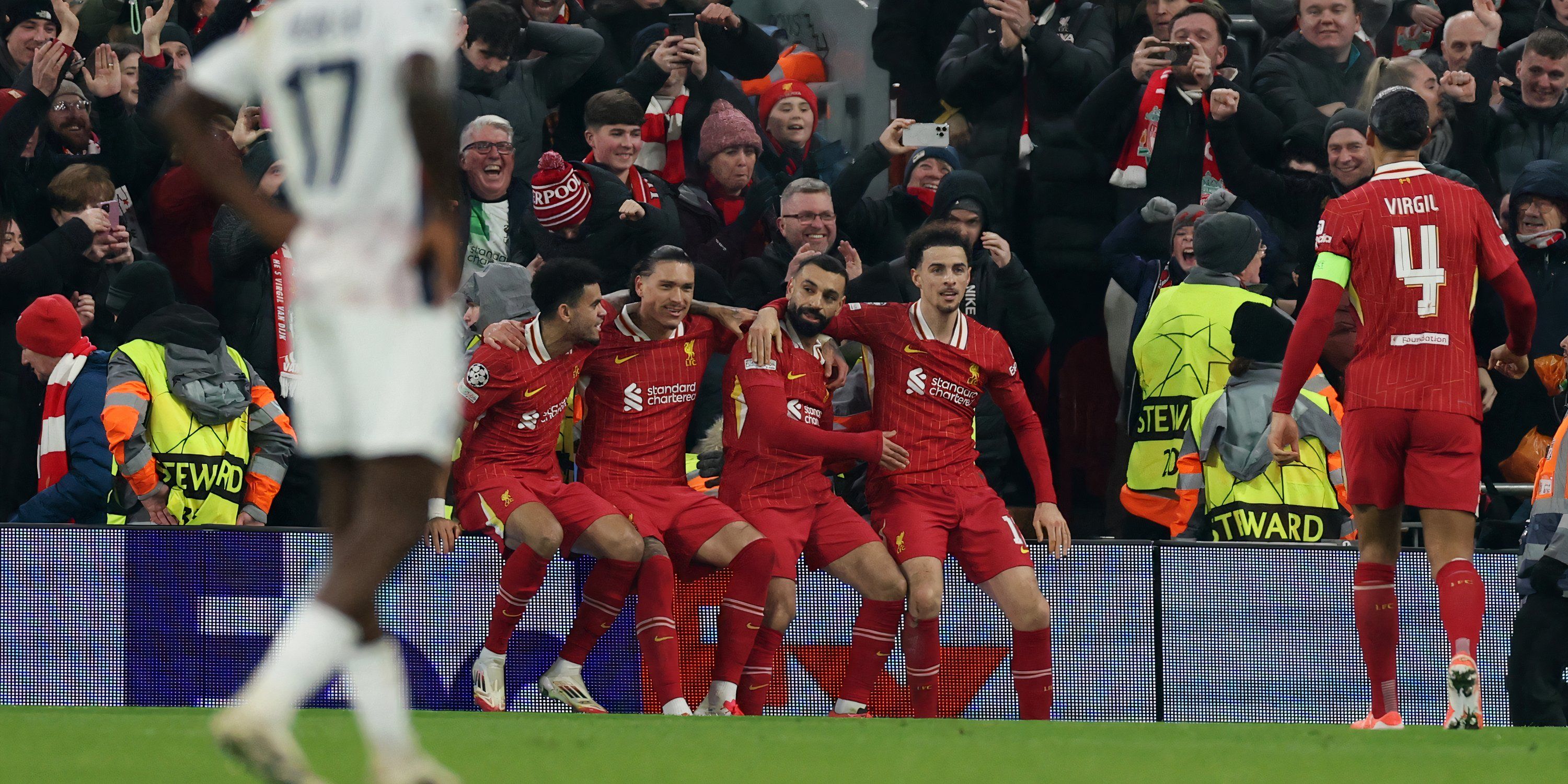 Liverpool players celebrate Mohamed Salah's goal