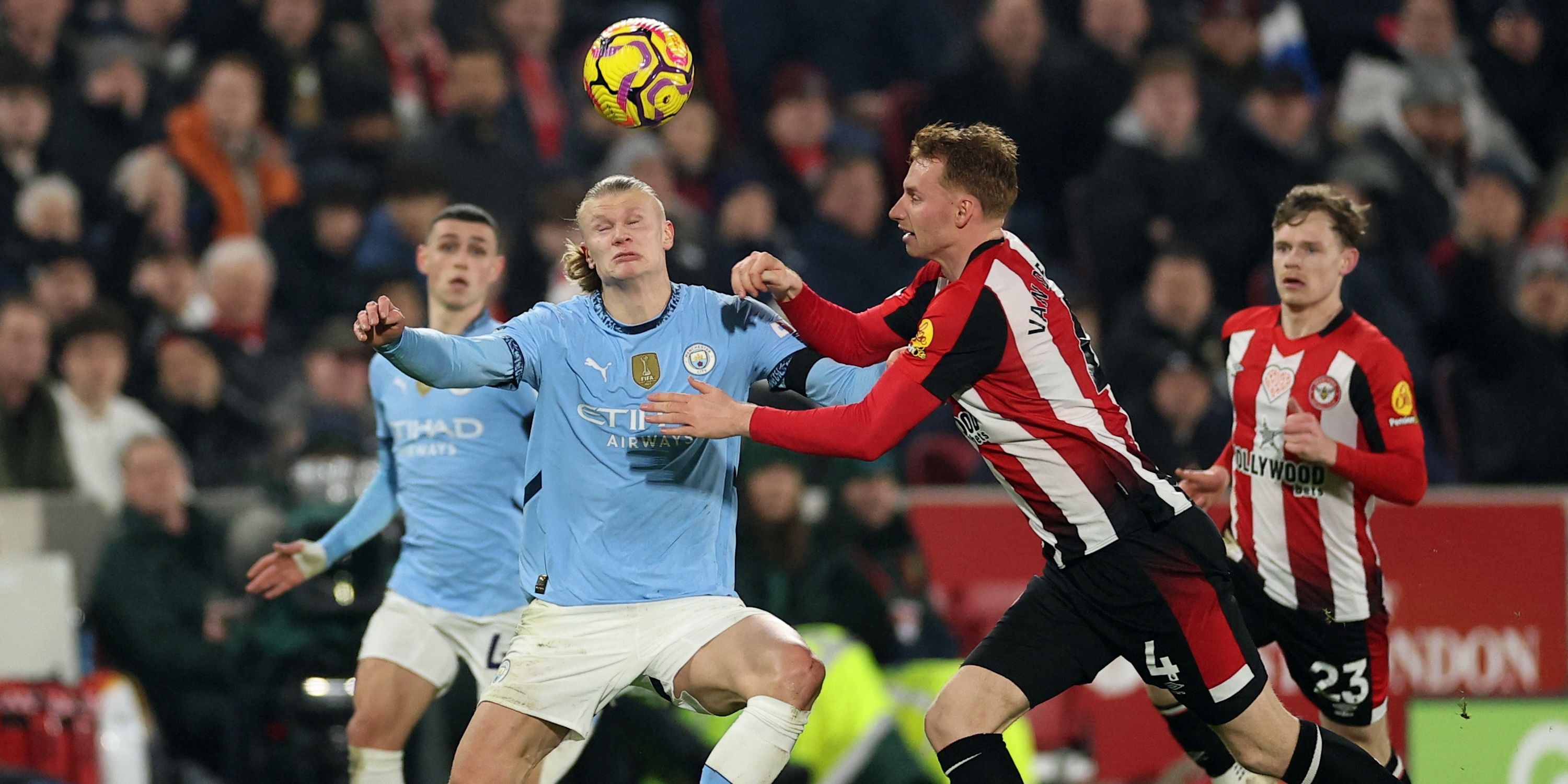 Manchester City's Erling Haaland in action with Brentford's Sepp van den Berg