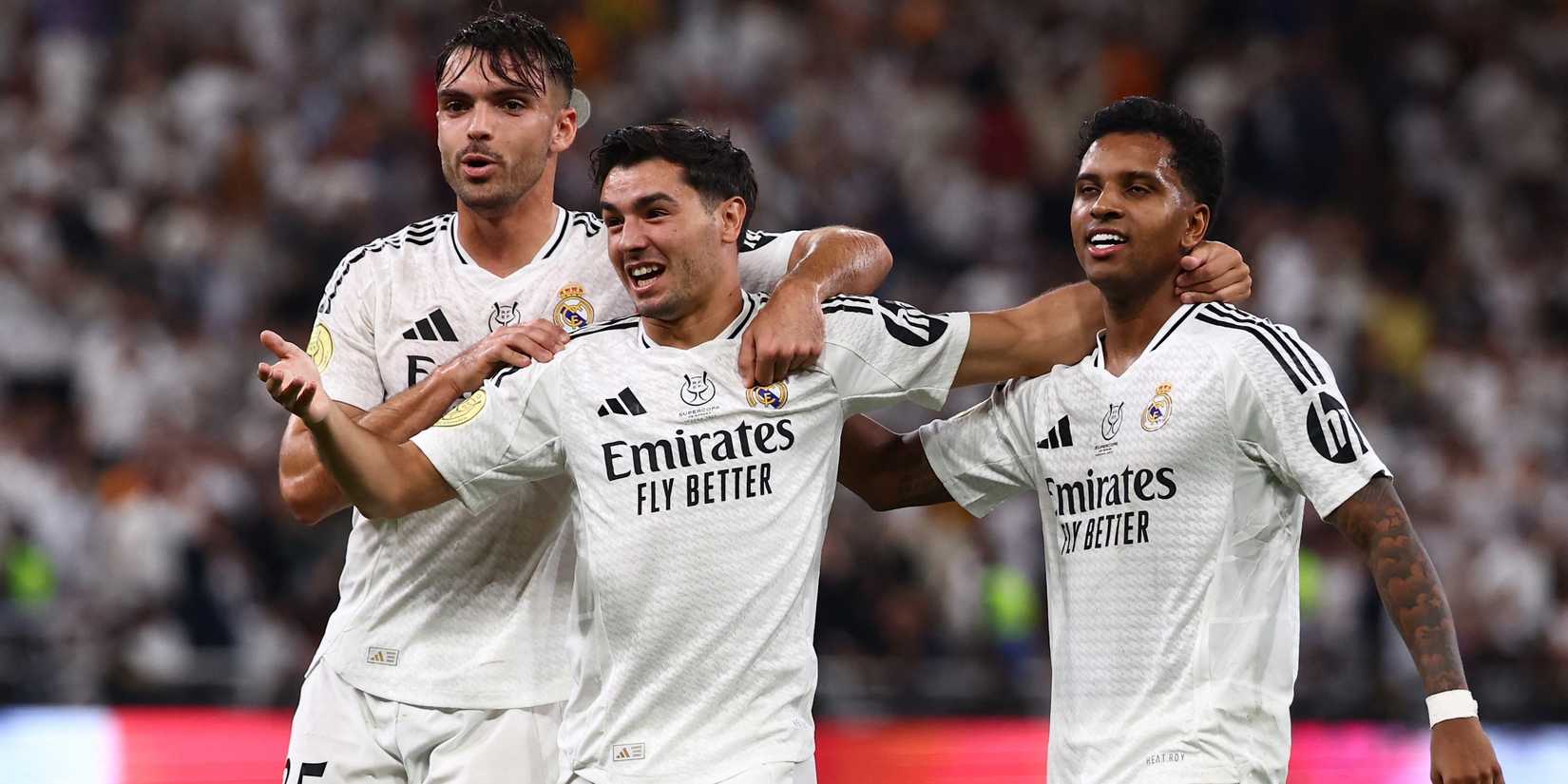 Real Madrid's Brahim Diaz, Raul Asencio and Rodrygo celebrate their second goal