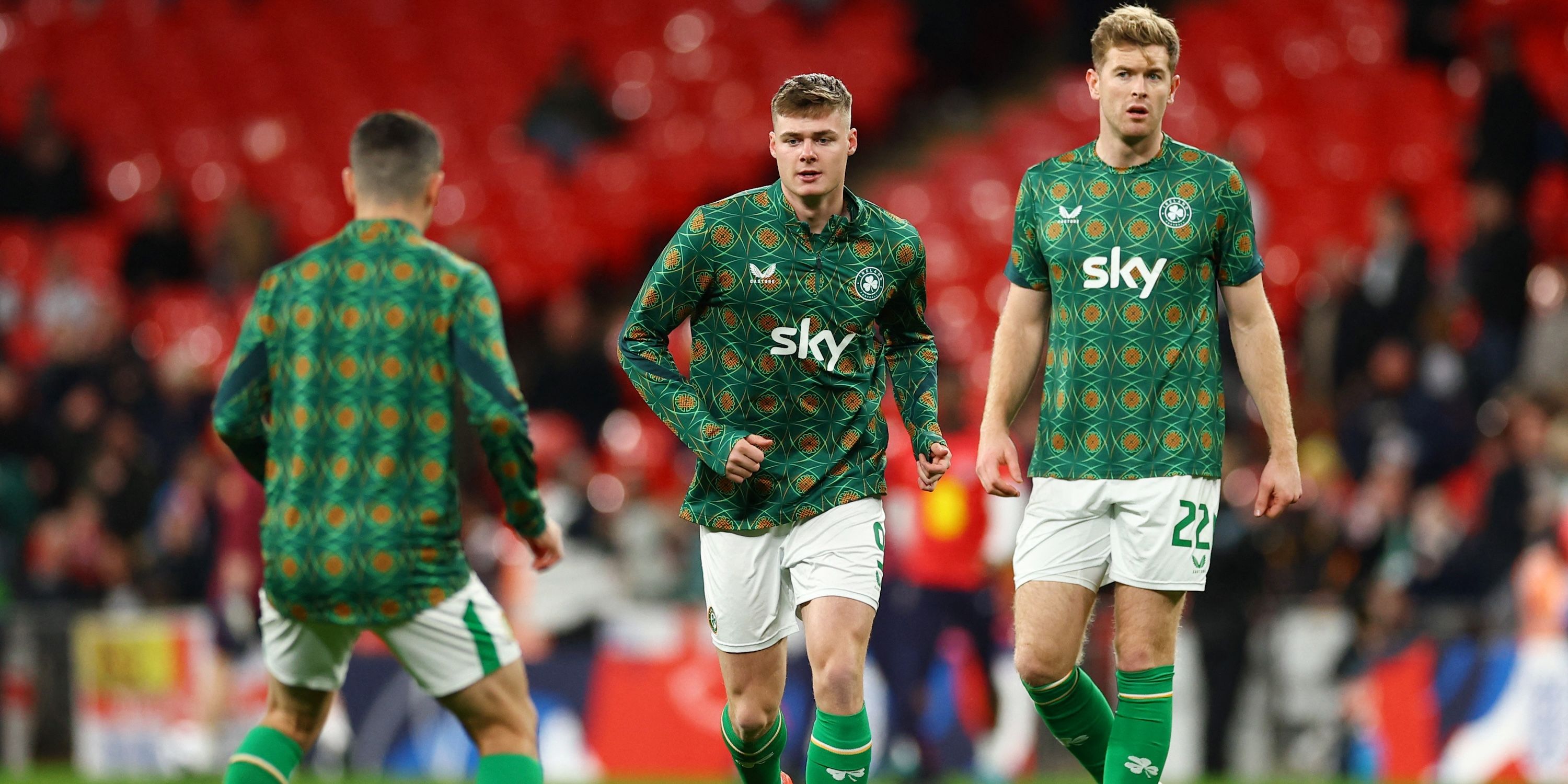 Republic of Ireland players Evan Ferguson and Nathan Collins warm up before the match