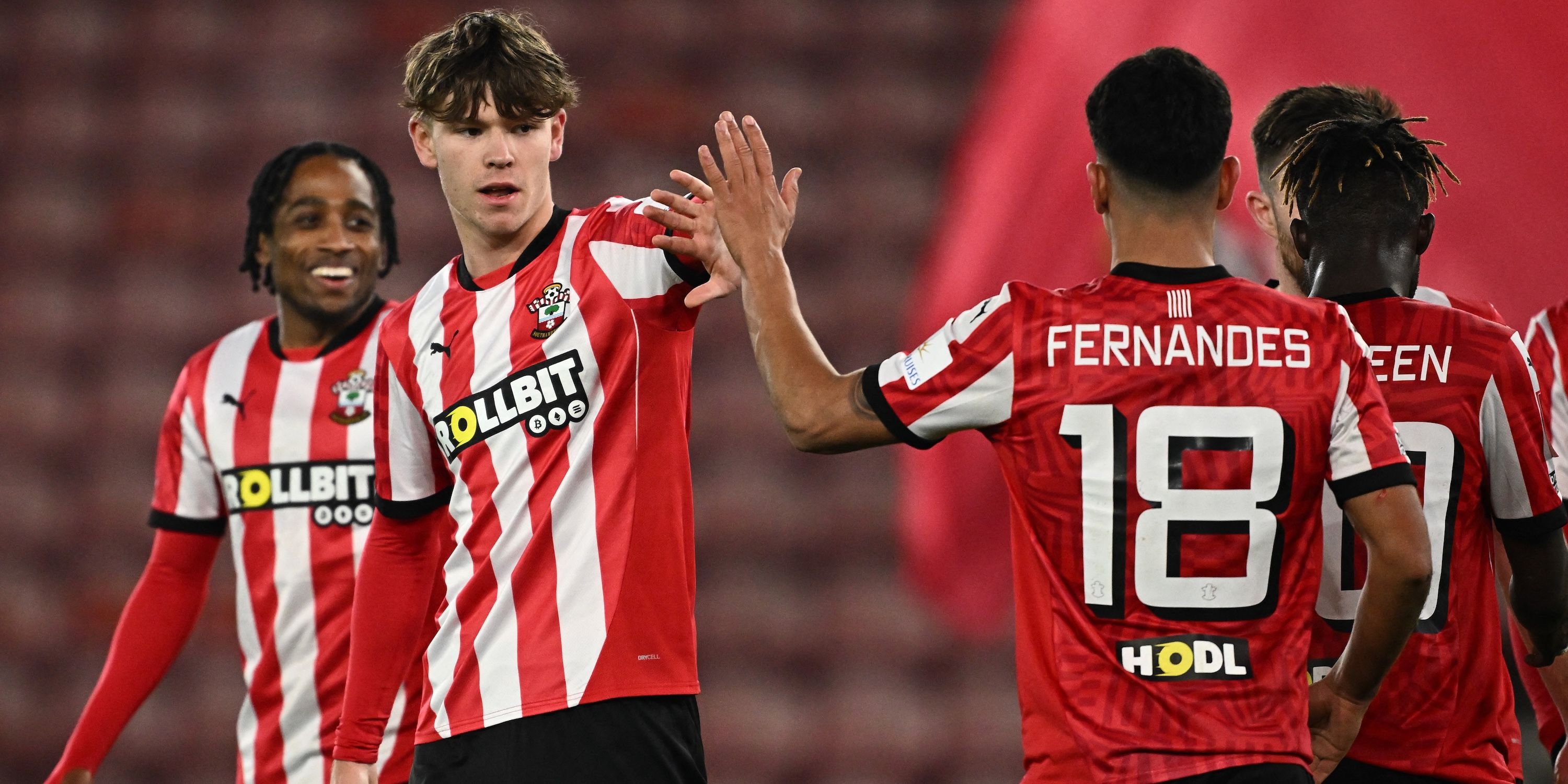 Southampton's Tyler Dibling celebrates scoring their third goal with Mateus Fernandes