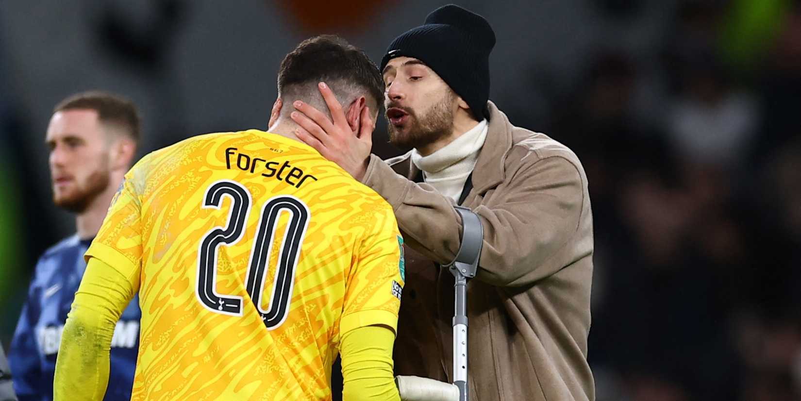 Tottenham Hotspur's Fraser Forster and Guglielmo Vicario after the match