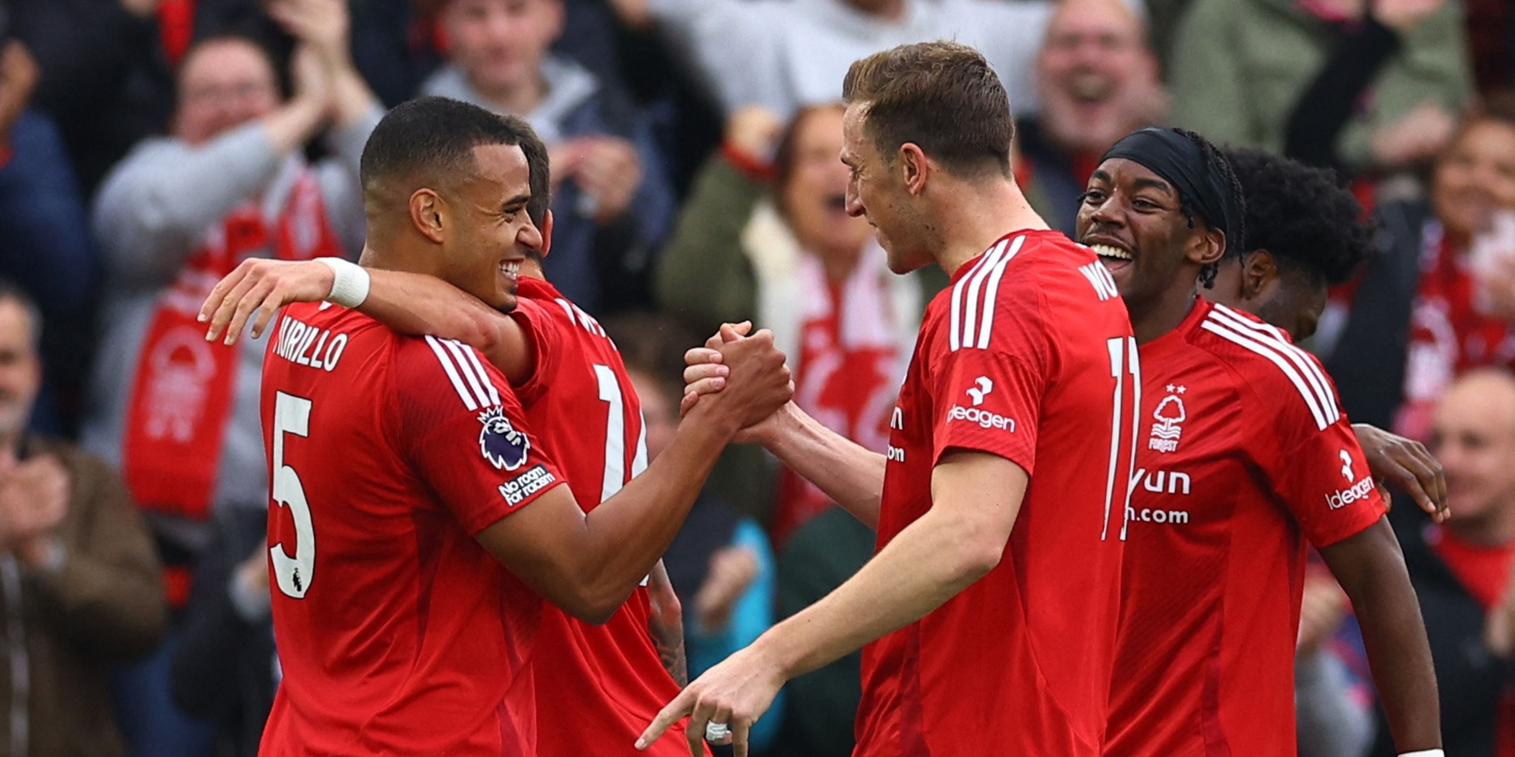 Nottingham Forest's Murillo celebrates scoring their first goal with Nottingham Forest's Anthony Elanga and Nottingham Forest's Chris Wood