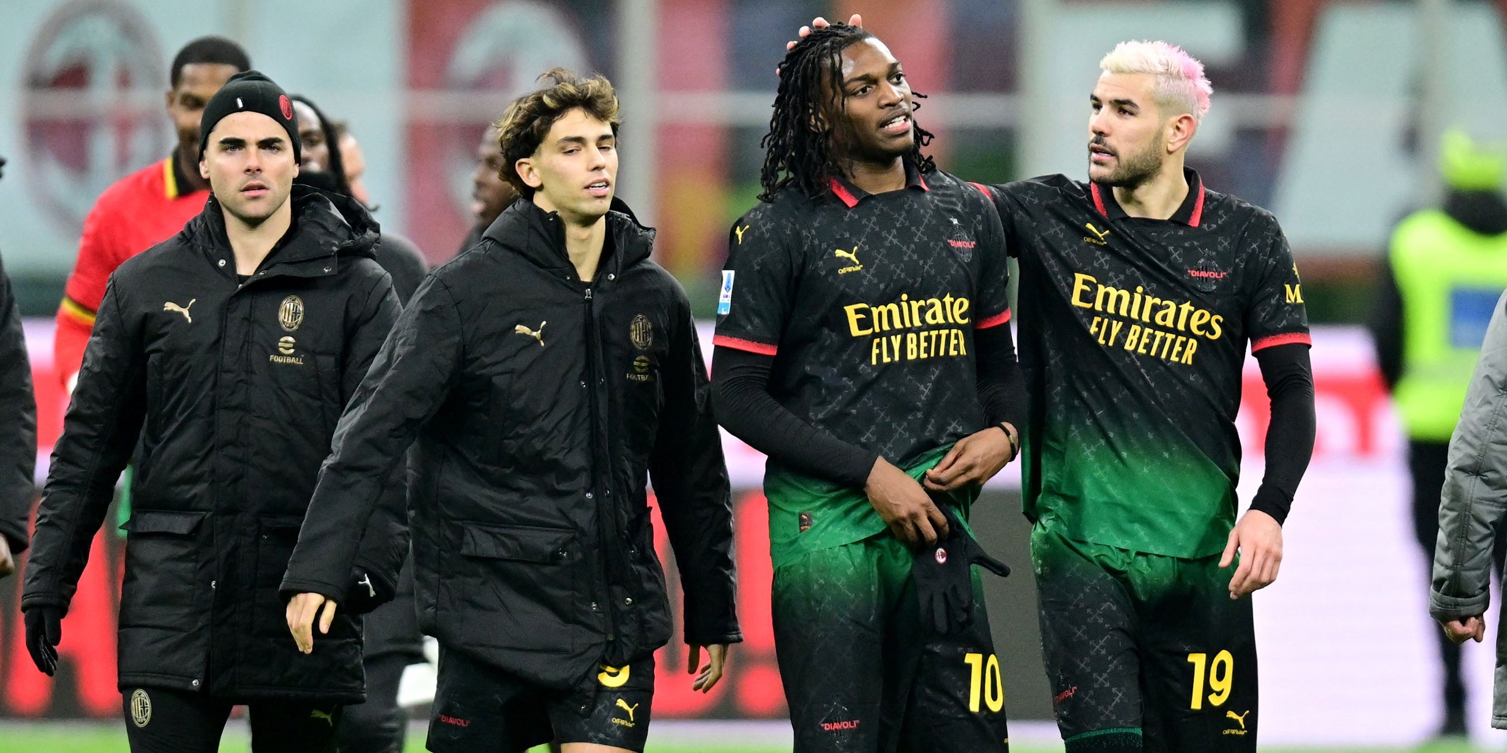 AC Milan's Rafael Leao, AC Milan's Joao Felix and AC Milan noted after the match of theo Hernandez