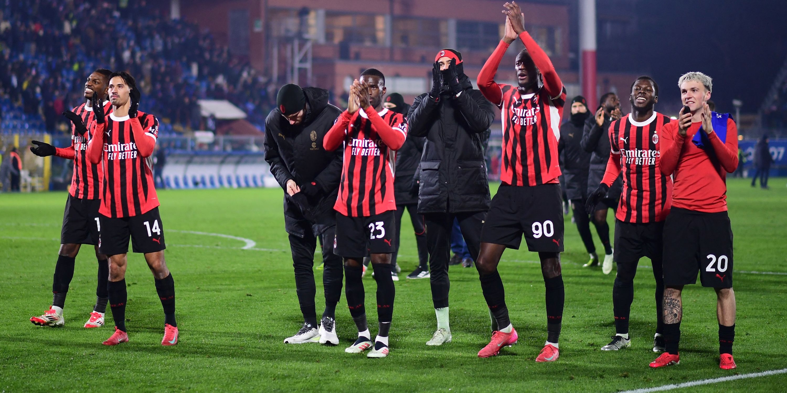 AC Milan's Rafael Leao, Tijjani Reijnders, Fikayo Tomori, Tammy Abraham and Alex Jimenez applaud fans