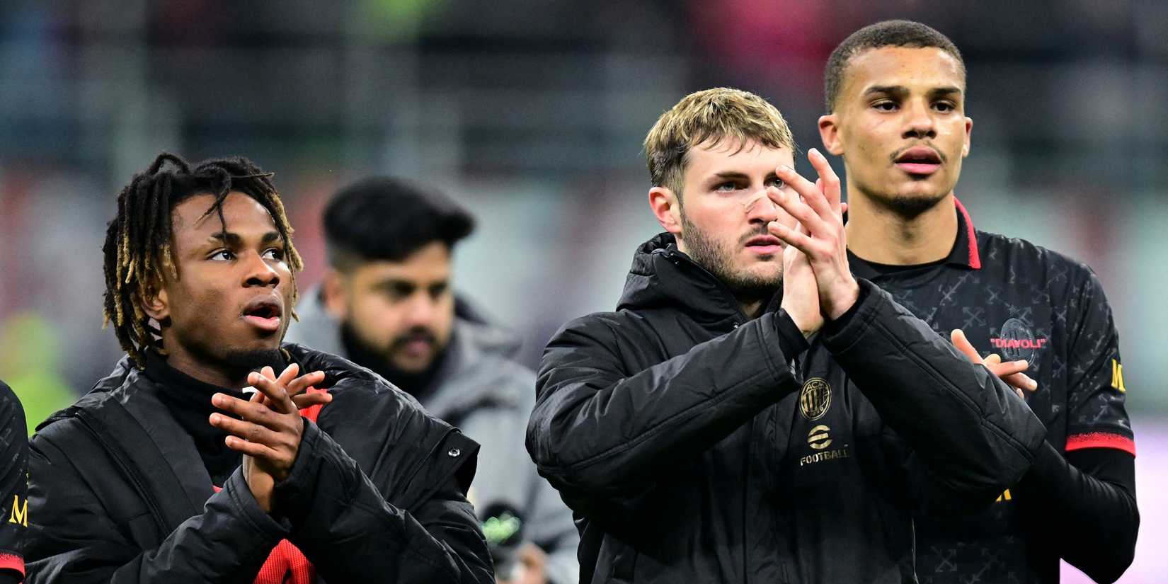 AC Milan's Samuel Chukwueze, AC Milan's Malick Thiaw and AC Milan's Santiago Gimenez celebrate after the match