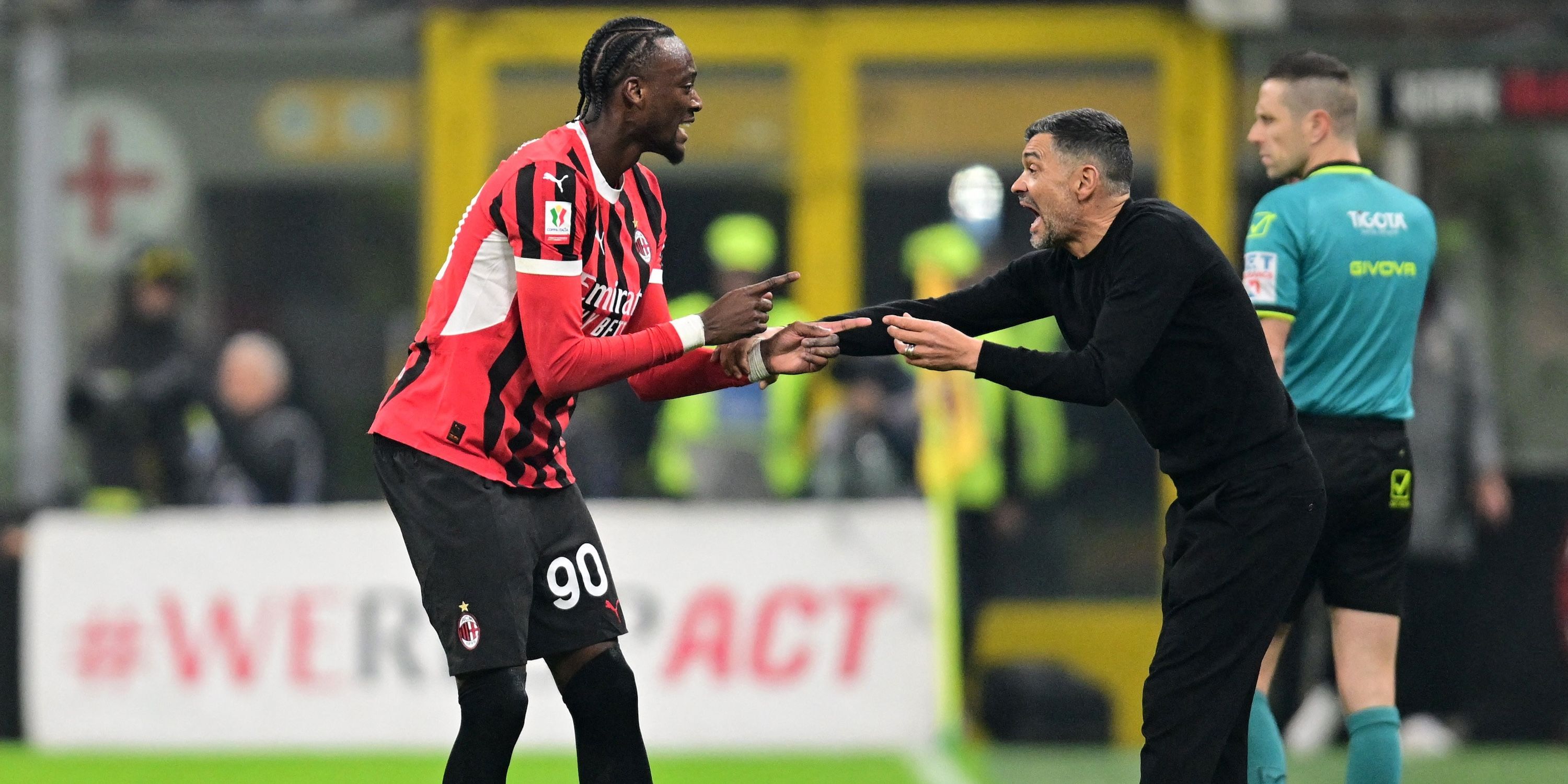 AC Milan's Tammy Abraham celebrates scoring their first goal with coach Sergio Conceicao