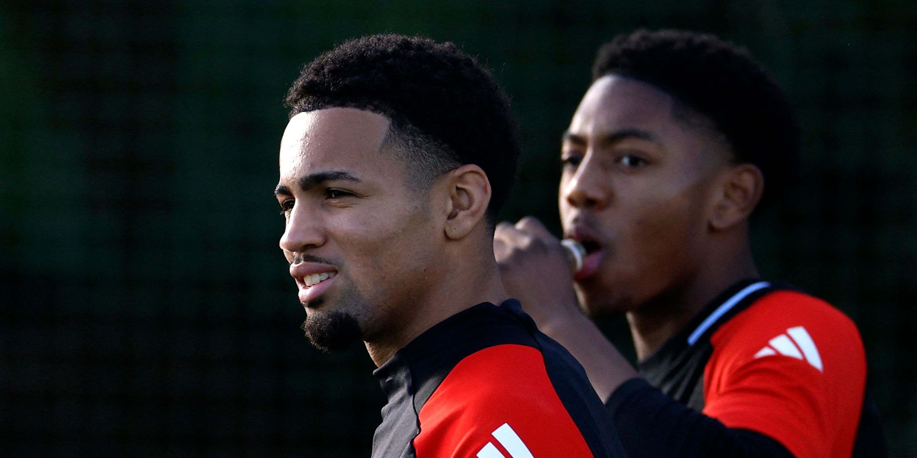 Arsenal's Ethan Nwaneri and Myles Lewis-Skelly during training