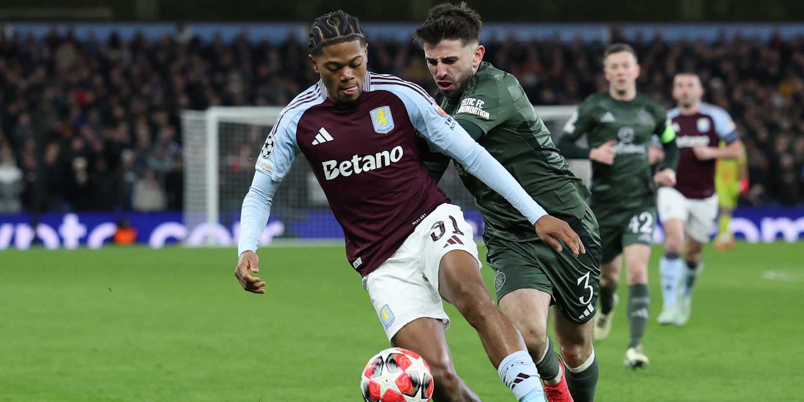 Aston Villa's Leon Bailey in action with Celtic's Greg Taylor