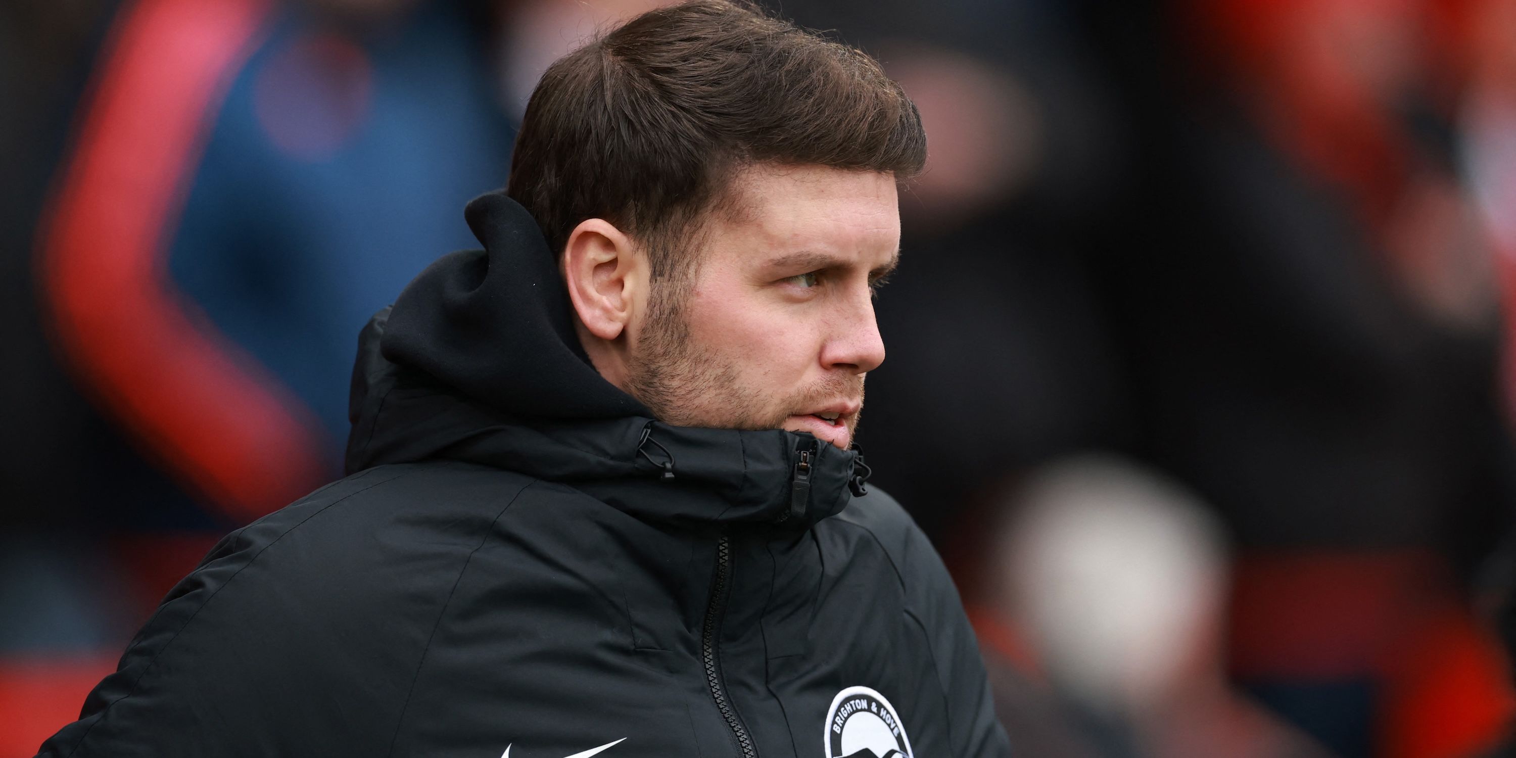 Brighton & Hove Albion manager Fabian Hurzeler looks on