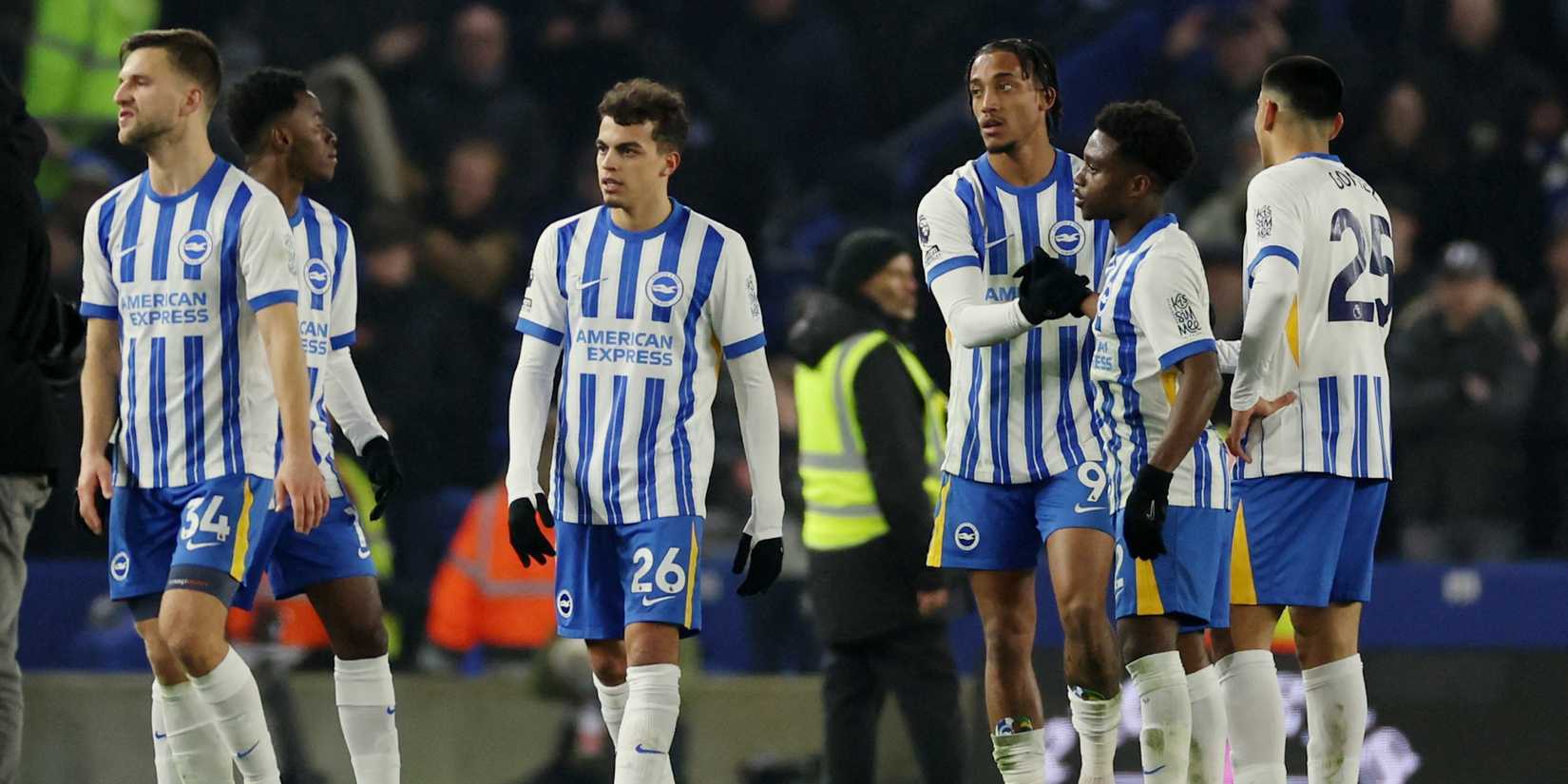 Brighton & Hove Albion's Joao Pedro, Brighton & Hove Albion's Tariq Lamptey, Brighton & Hove Albion's Yassin Ayari, Brighton & Hove Albion's Simon Adingla and Brighton & Hove Albion's Joel Veltman celebrate after the game