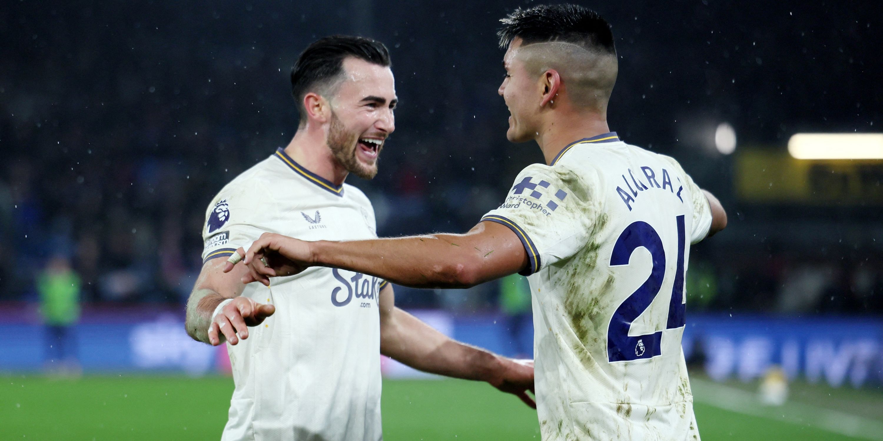 Everton's Carlos Alcaraz celebrates scoring their second goal with Everton's Jack Harrison