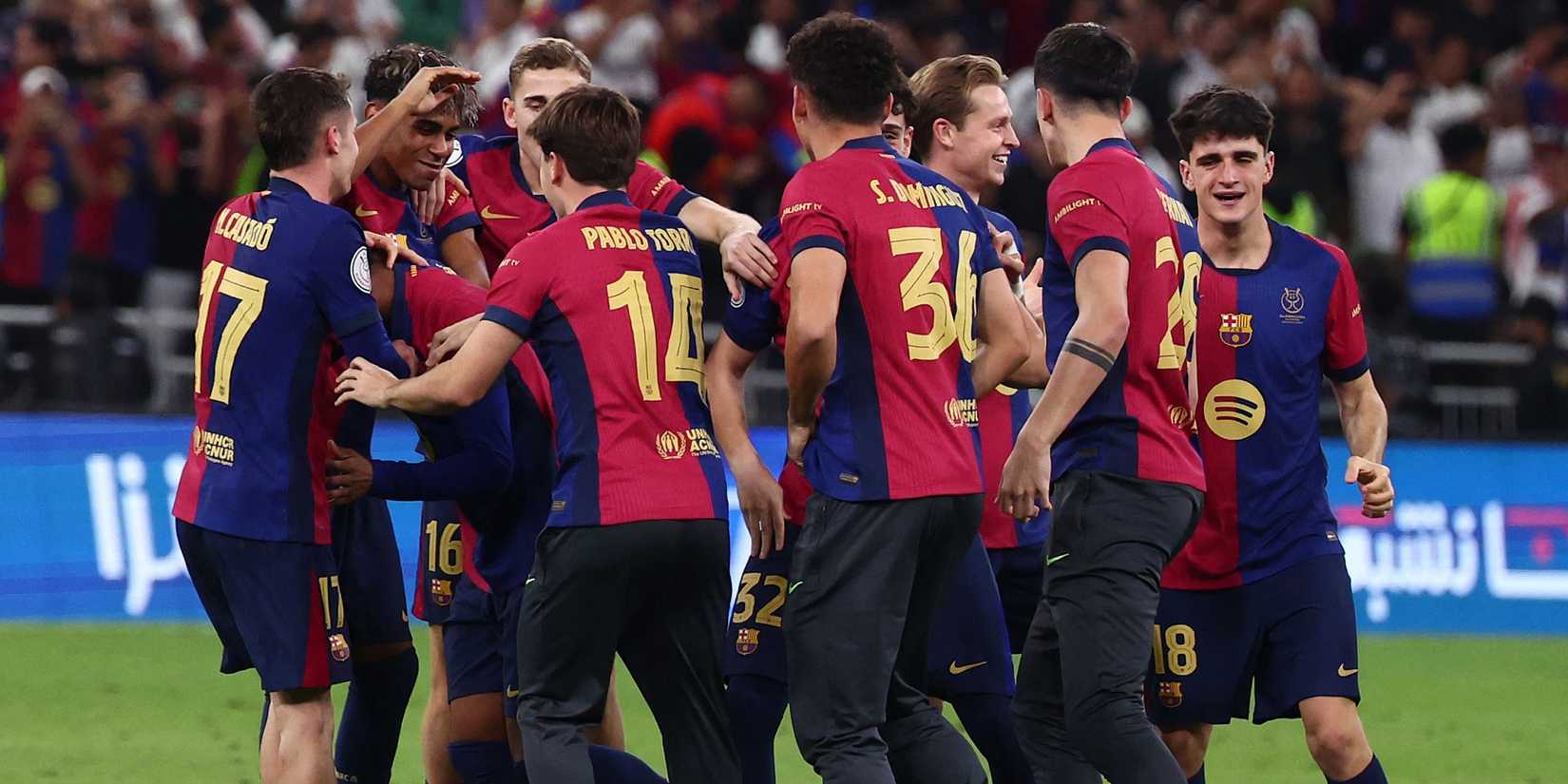 FC Barcelona's Marc Casado, Lamine Yamal, Pablo Torre, Fermin Lopez, Hector Fort, Sergi Dominguez, Pau Victor, Marc Bernal and Frenkie de Jong