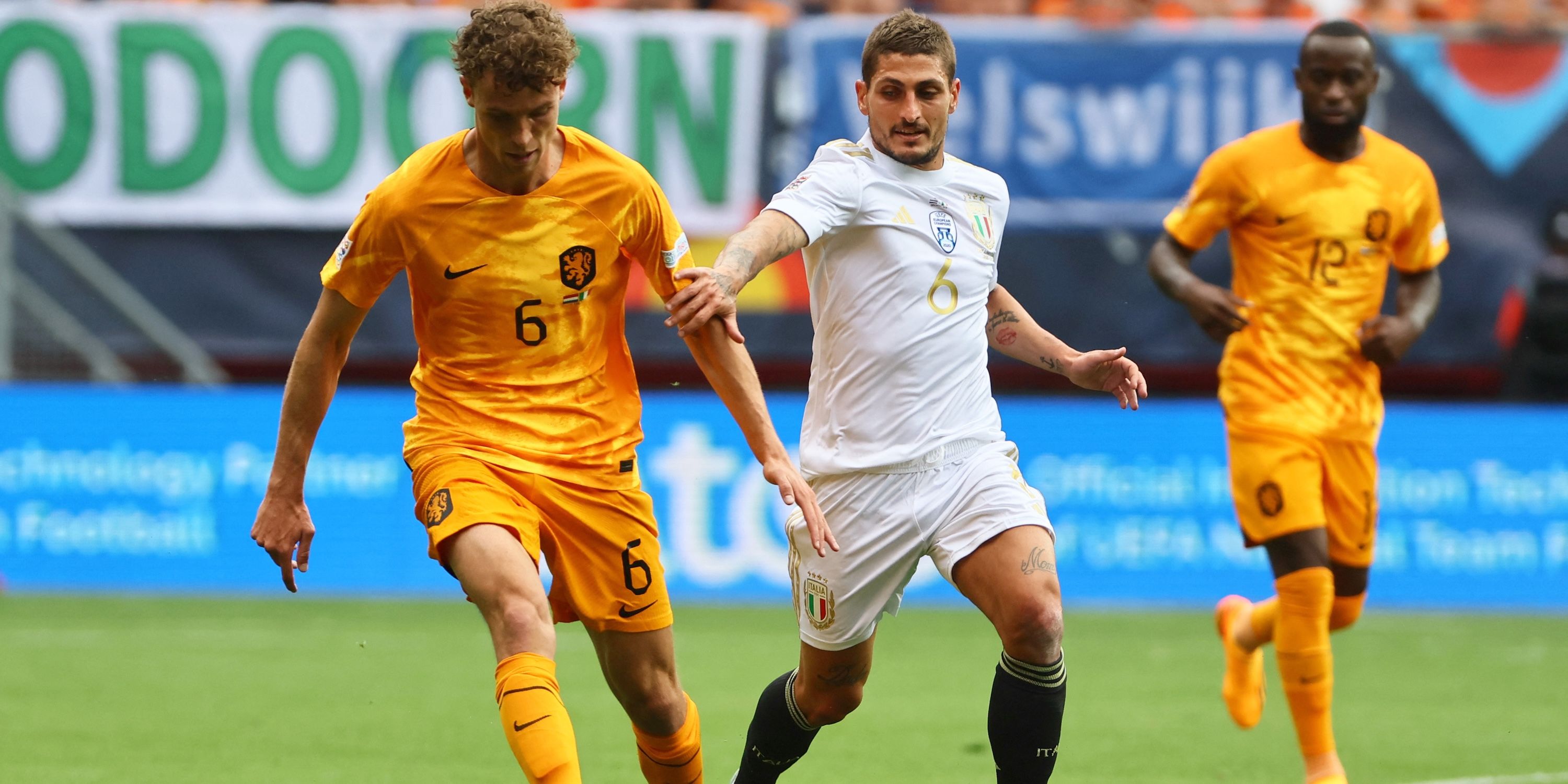 Netherlands' Mats Wieffer in action with Italy's Marco Verratti 