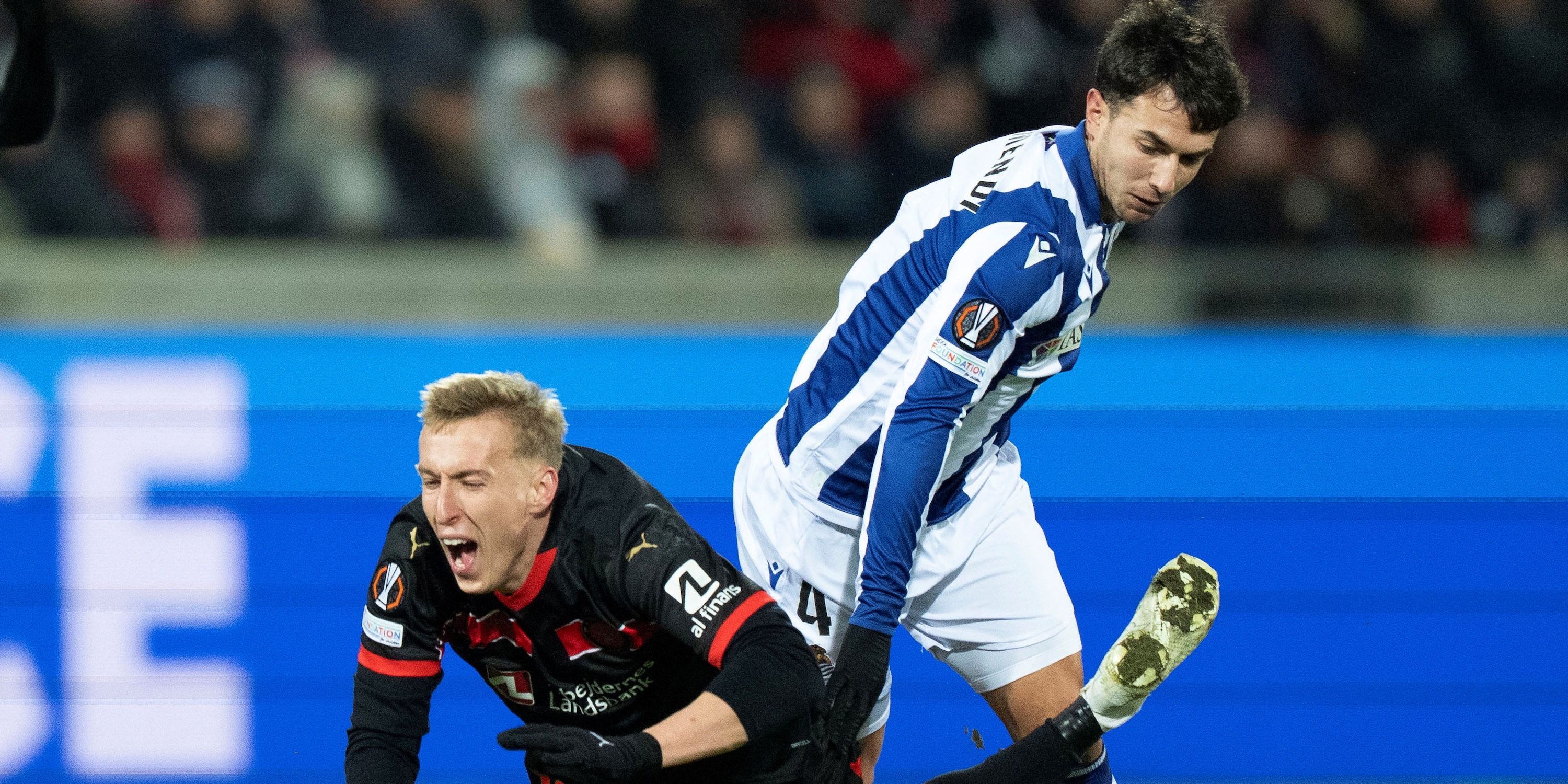 Real Sociedad's Martin Zubimendi in action with fc Midtjylland's Adam pants Henning Bagger