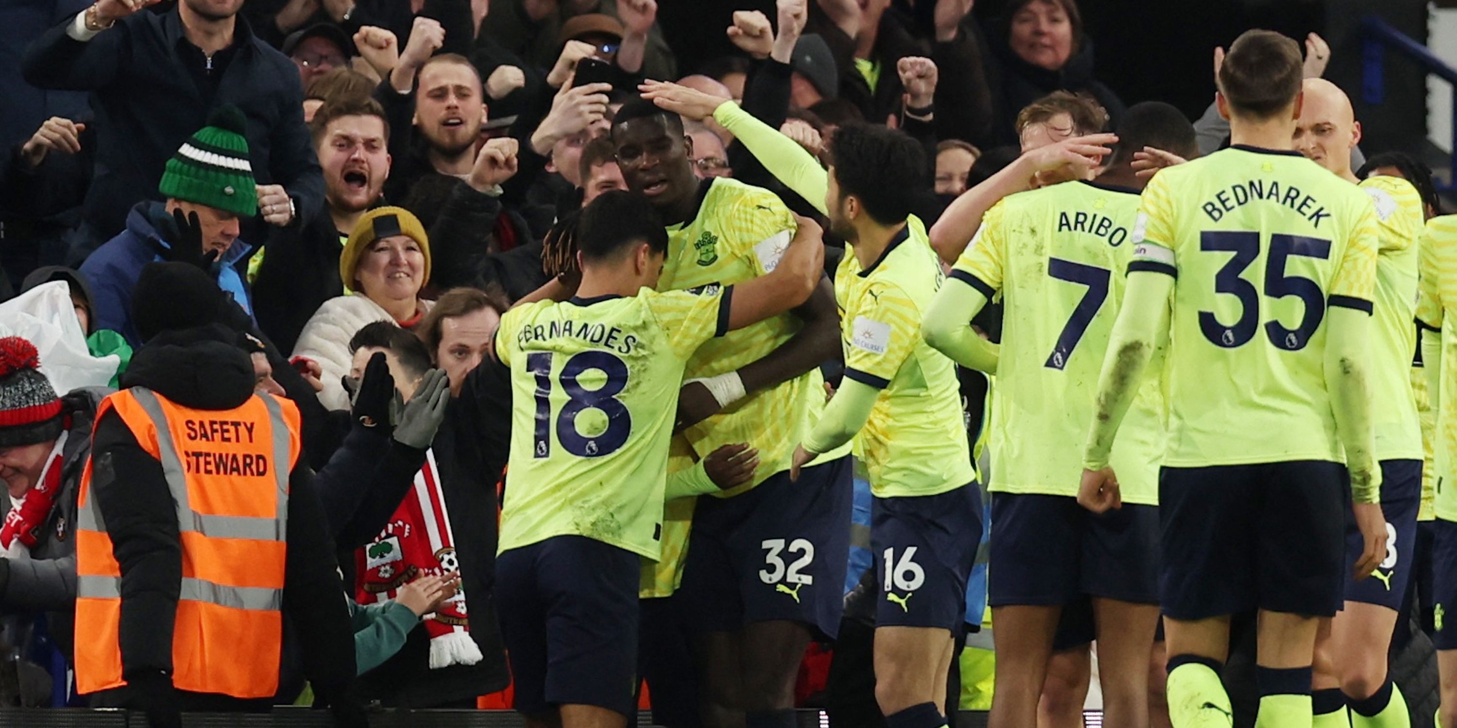 Southampton's Paul Onuachu celebrates scoring their second goal with teammates