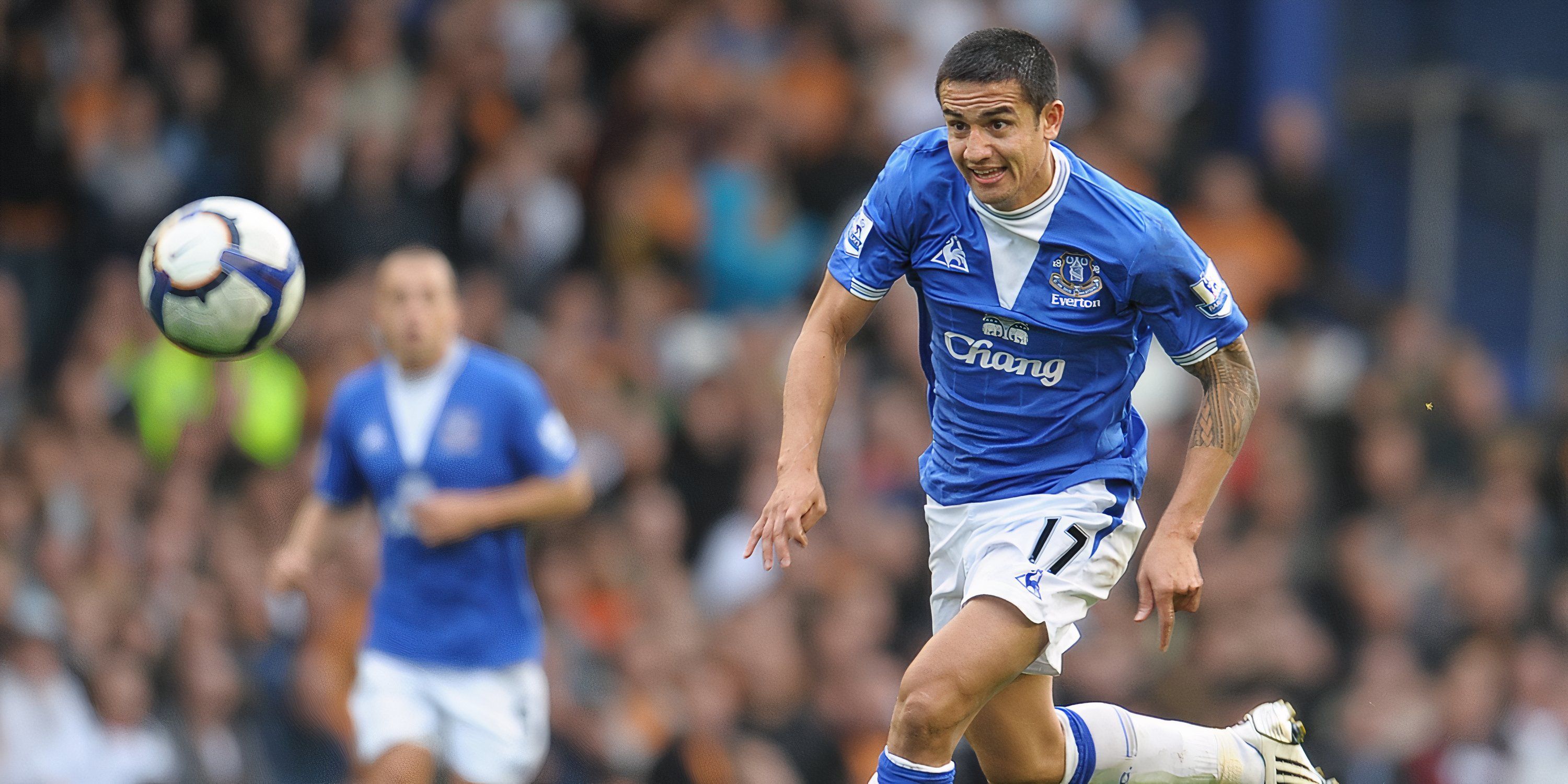 Tim Cahill is in action for Everton