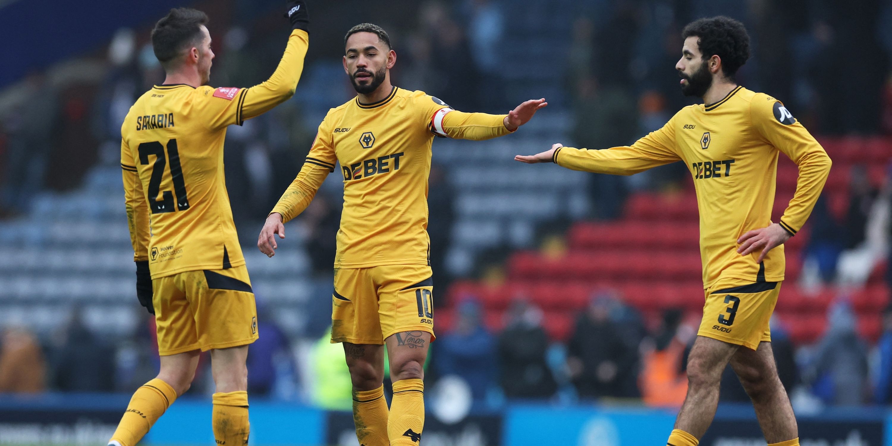 Wolverhampton Wanderers' Matheus Cunha, Wolverhampton Wanderers' Pablo Sarabia and Wolverhampton Wanderers' Rayan Ait-Nouri