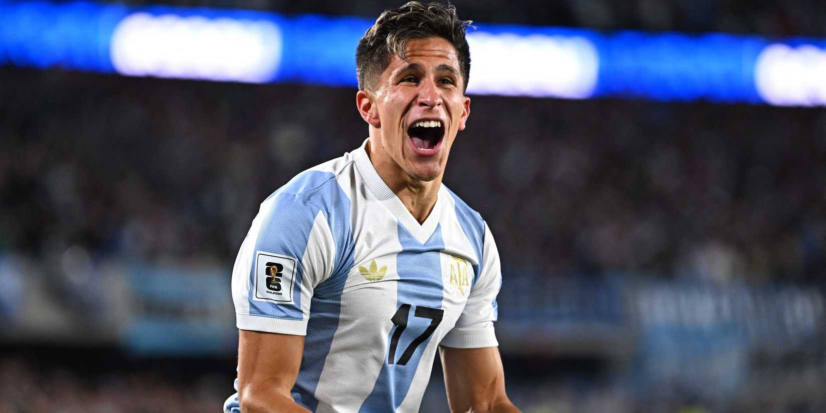 Argentina's Giuliano Simeone celebrates scoring their fourth goal