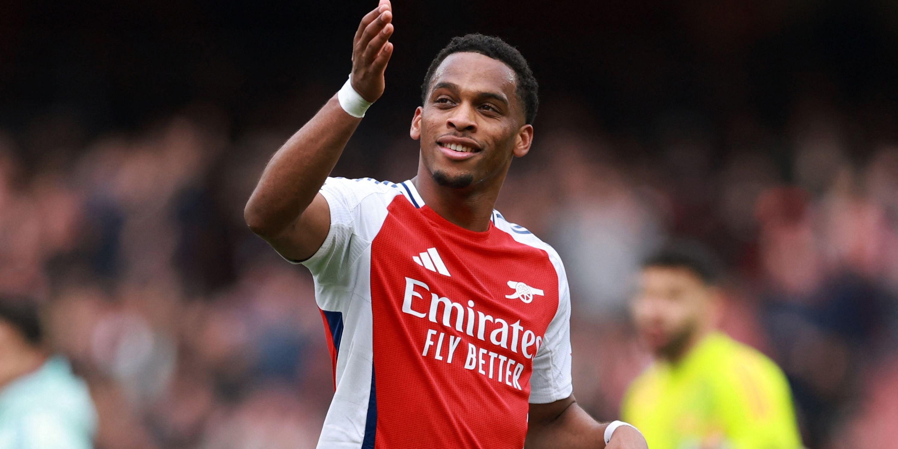 Arsenal's Jurrien Timber celebrates after the match