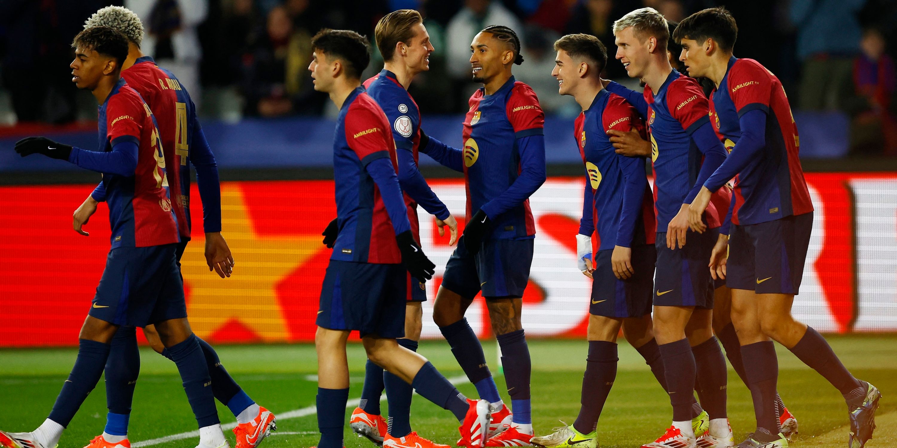 Barcelona's Gavi celebrates scoring their first goal with Dani Olmo, Raphinha and teammates