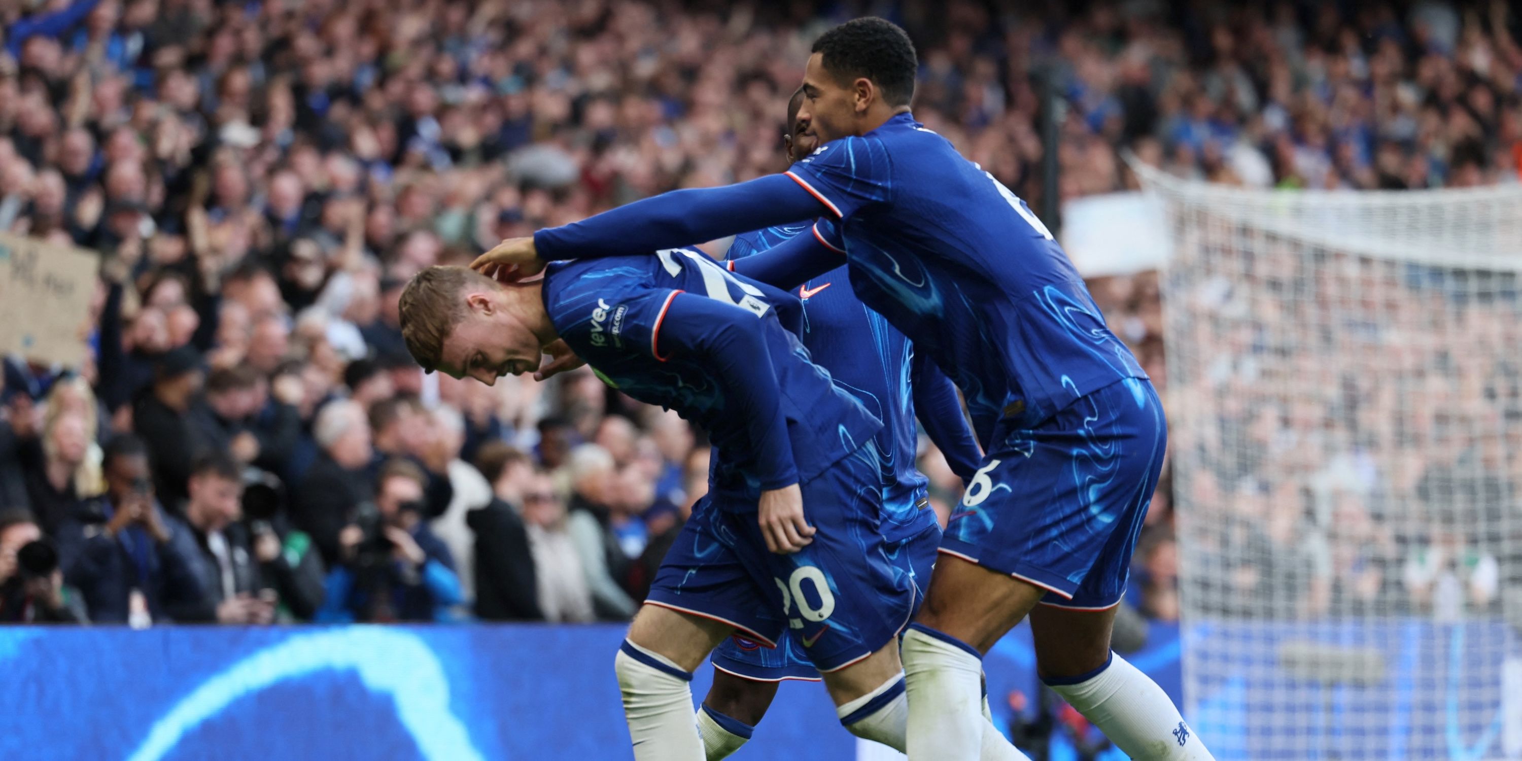 Chelsea's Cole Palmer celebrates scoring their second goal with Levi Colwill 