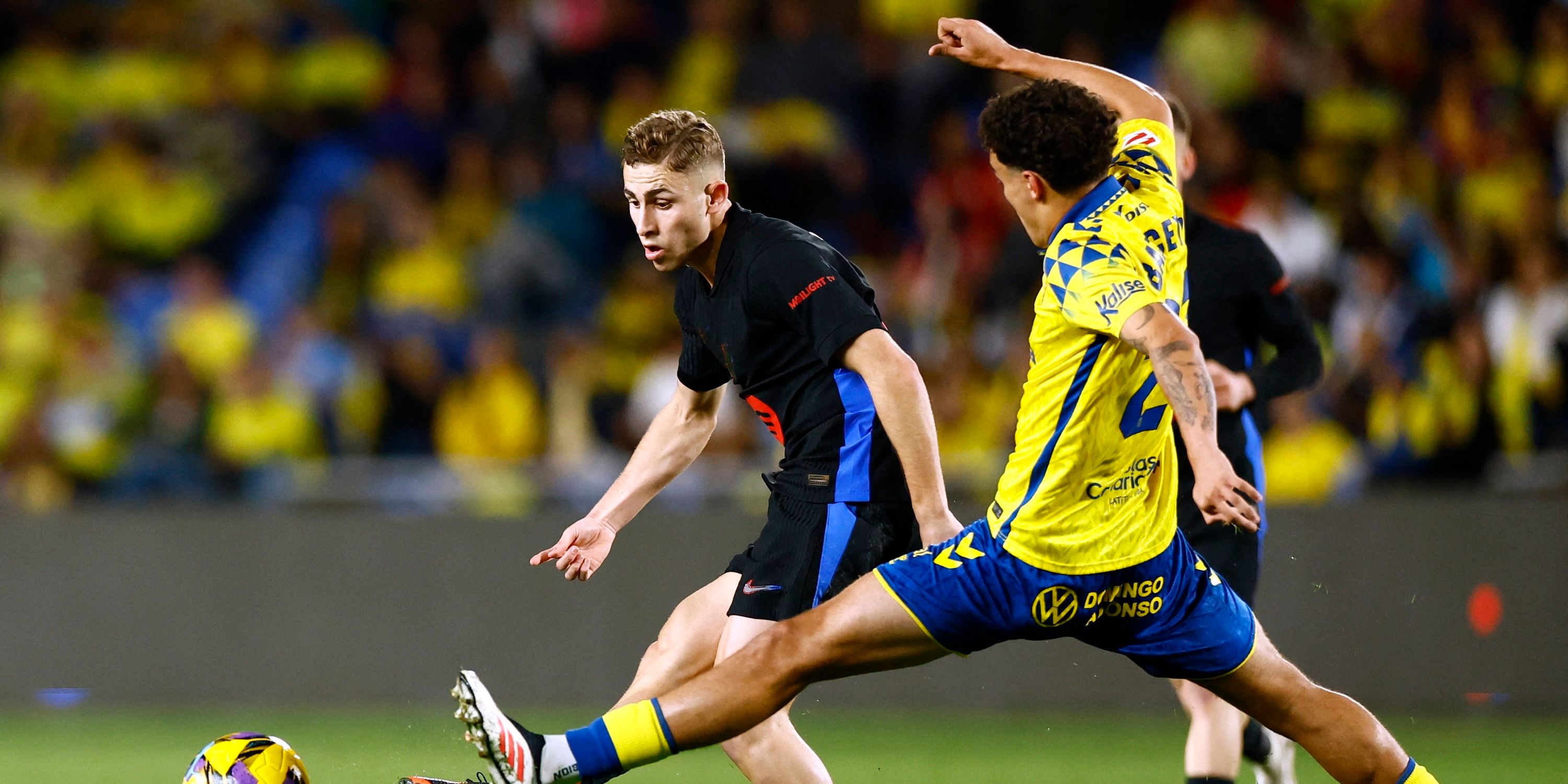 FC Barcelona's Fermin Lopez Las Palmas' Stefan Bajcetic is moving