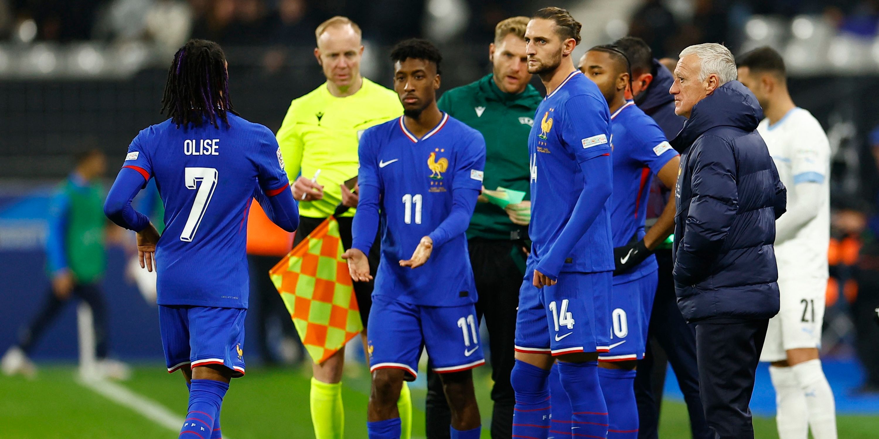 France's Kingsley Coman, Michael OliIse'i's French Technical Director Didier Deschamps appear instead of replacing