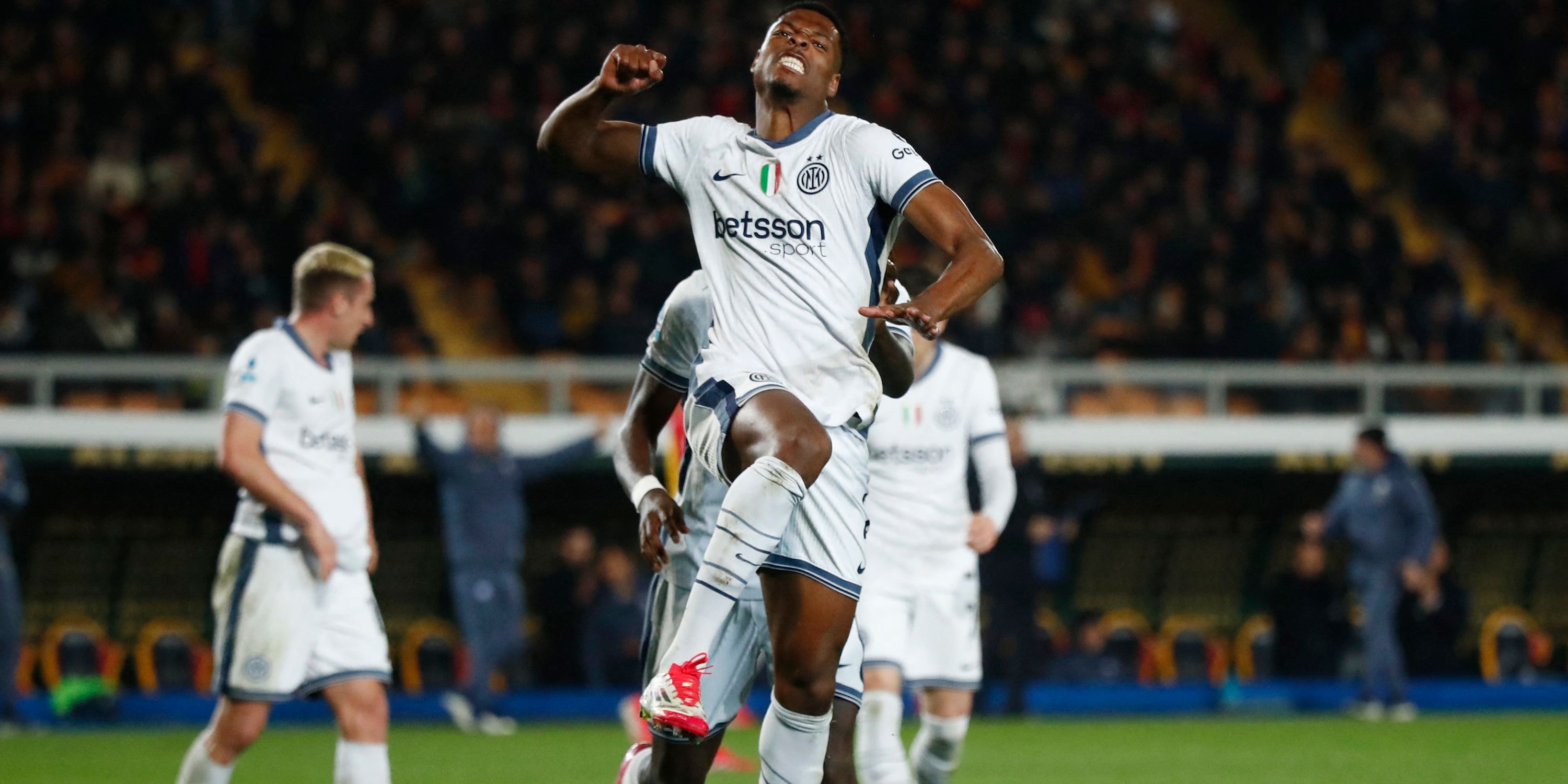 Inter Milan's Denzel Dumfries celebrates scoring their third goal