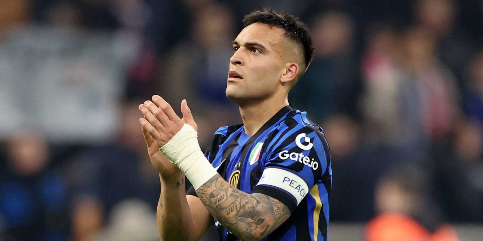 Inter Milan`s Lautaro Martinez applauds their fans