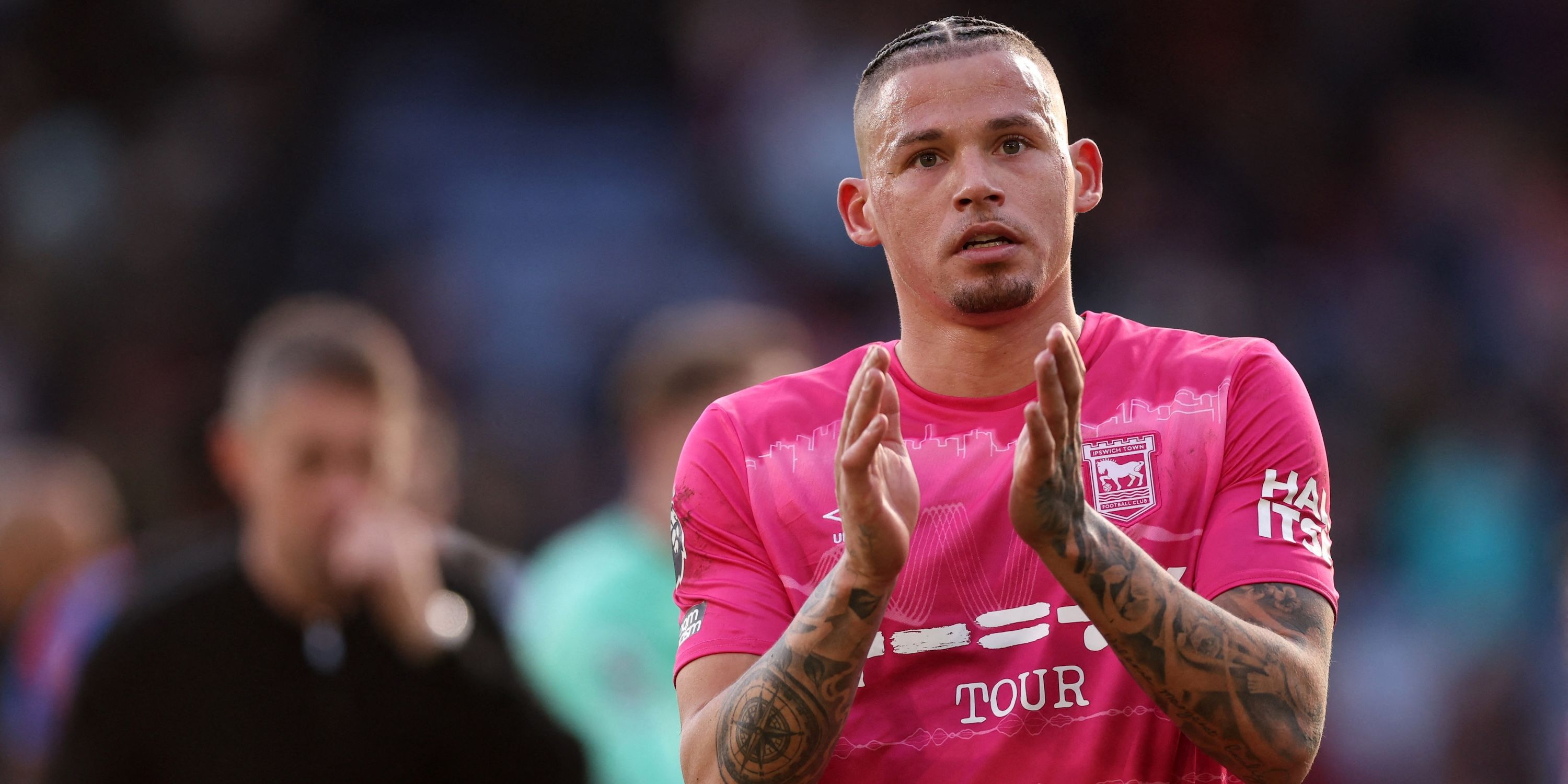 Kalvin Phillips from the city of iPSWich Town appears after the match