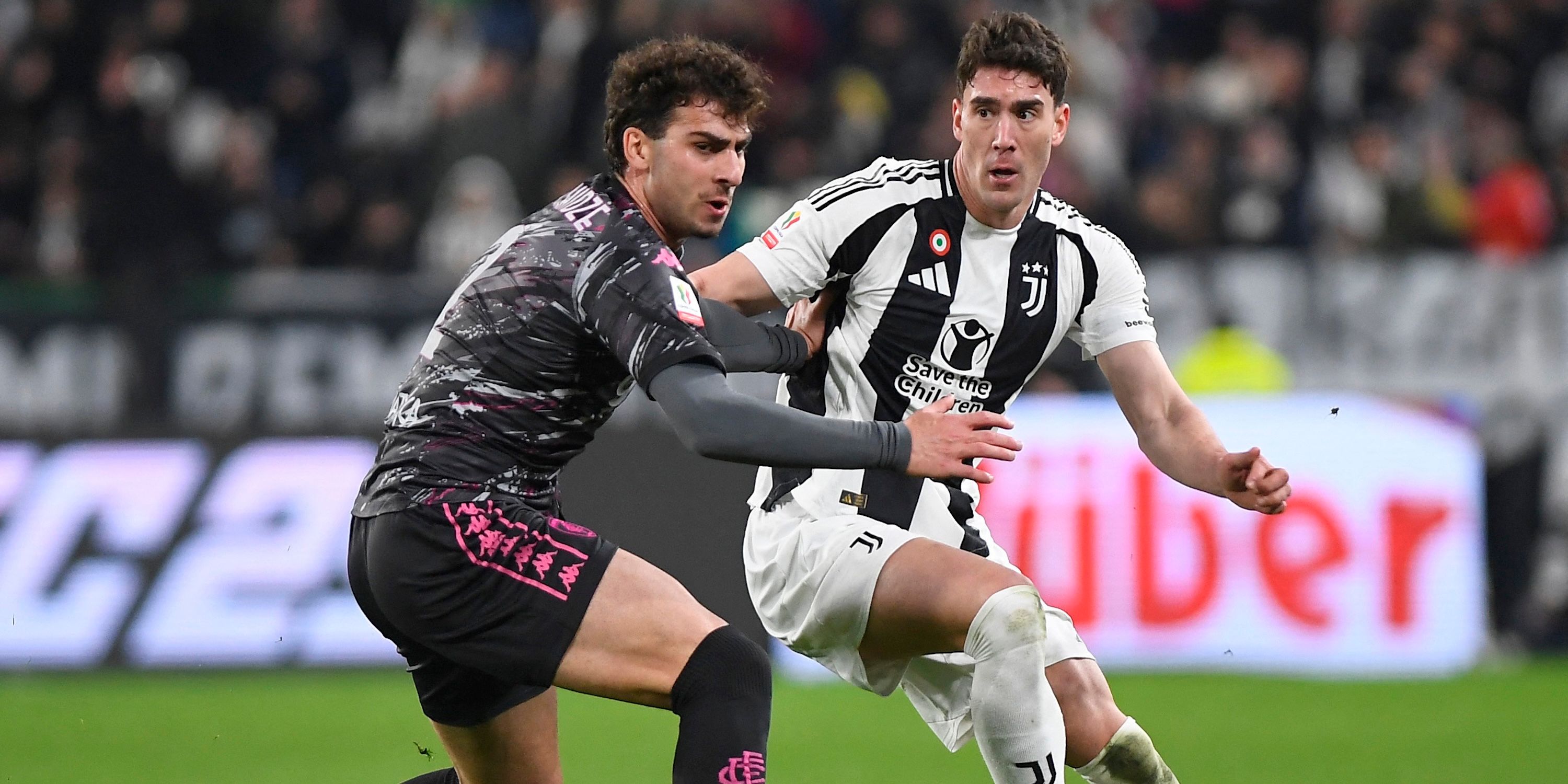 Juventus' Dusan Vlahovic in action with Empoli's Saba Goglichidze