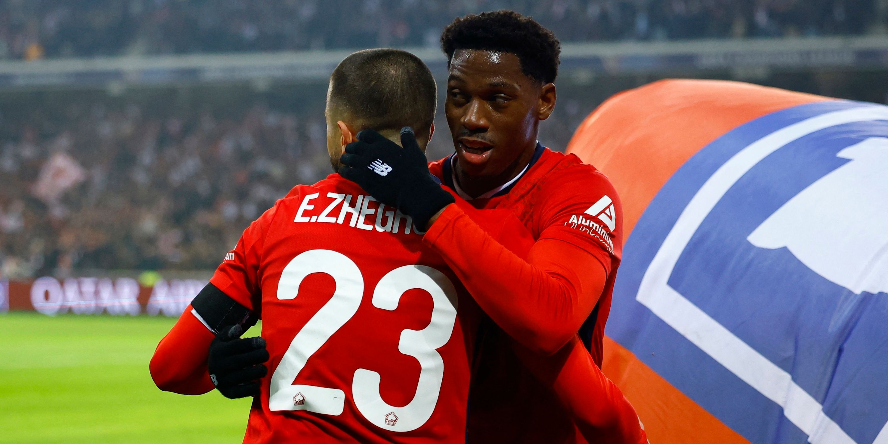 Lille's Jonathan David celebrates scoring their first goal with Edon Zhegrova