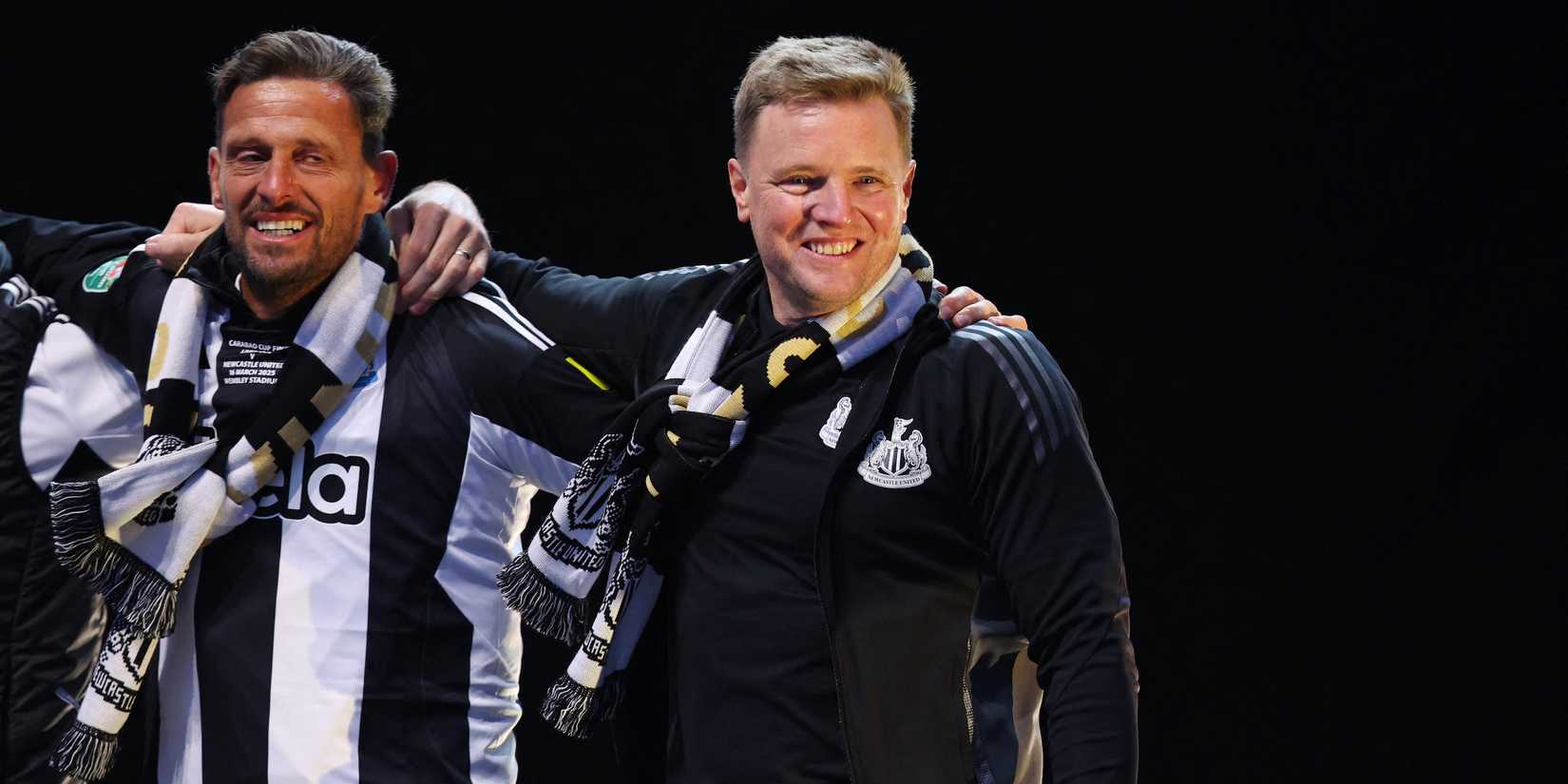 Newcastle United manager Eddie Howe and assistant manager Jason Tindall celebrate 