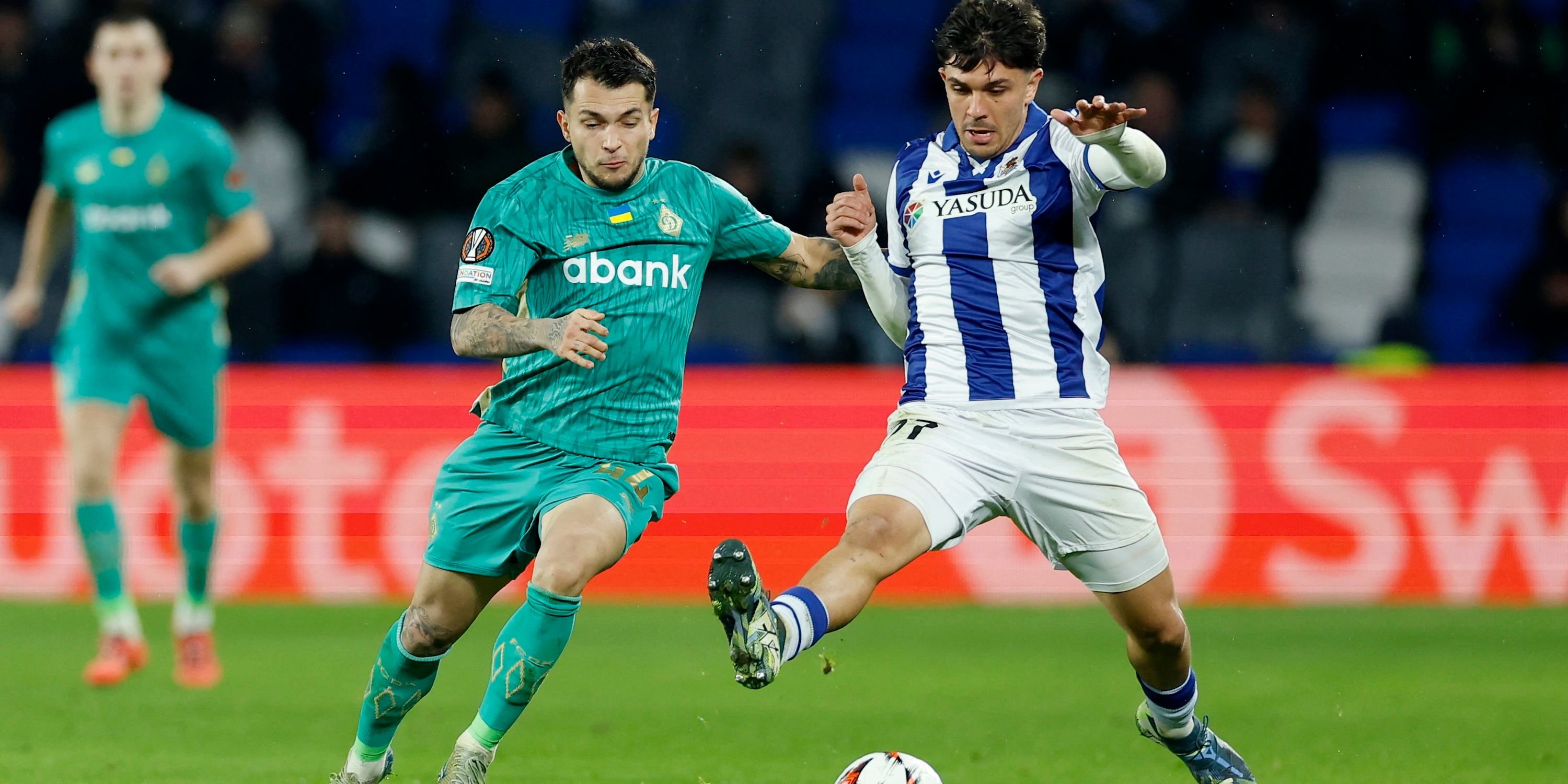 Real Sociedad's Jon Aramburu in action with Dynamo Kyiv's Vladyslav Dubinchak