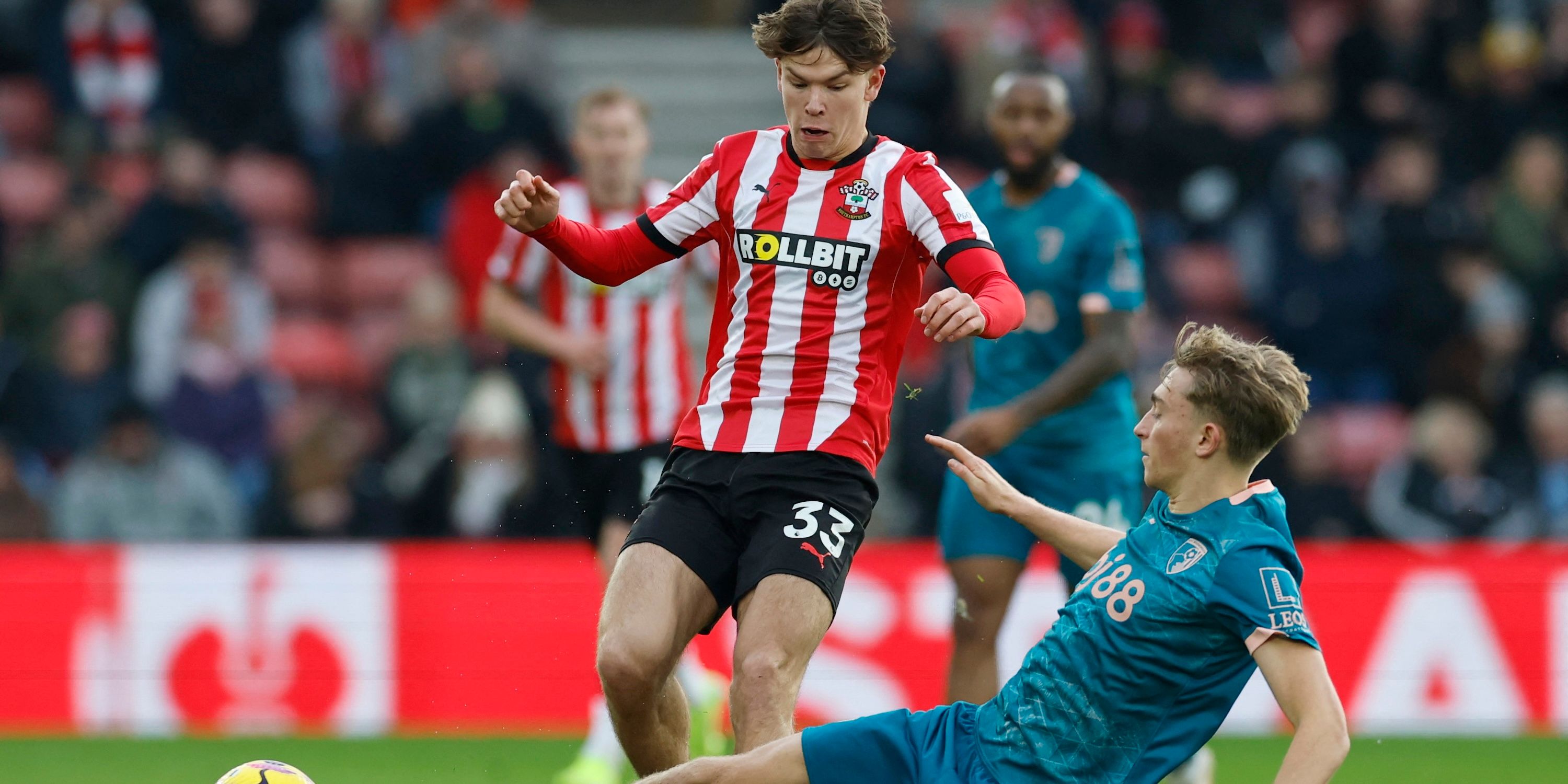 Southampton's Tyler Dibling in action with AFC Bournemouth's Dean Huijsen