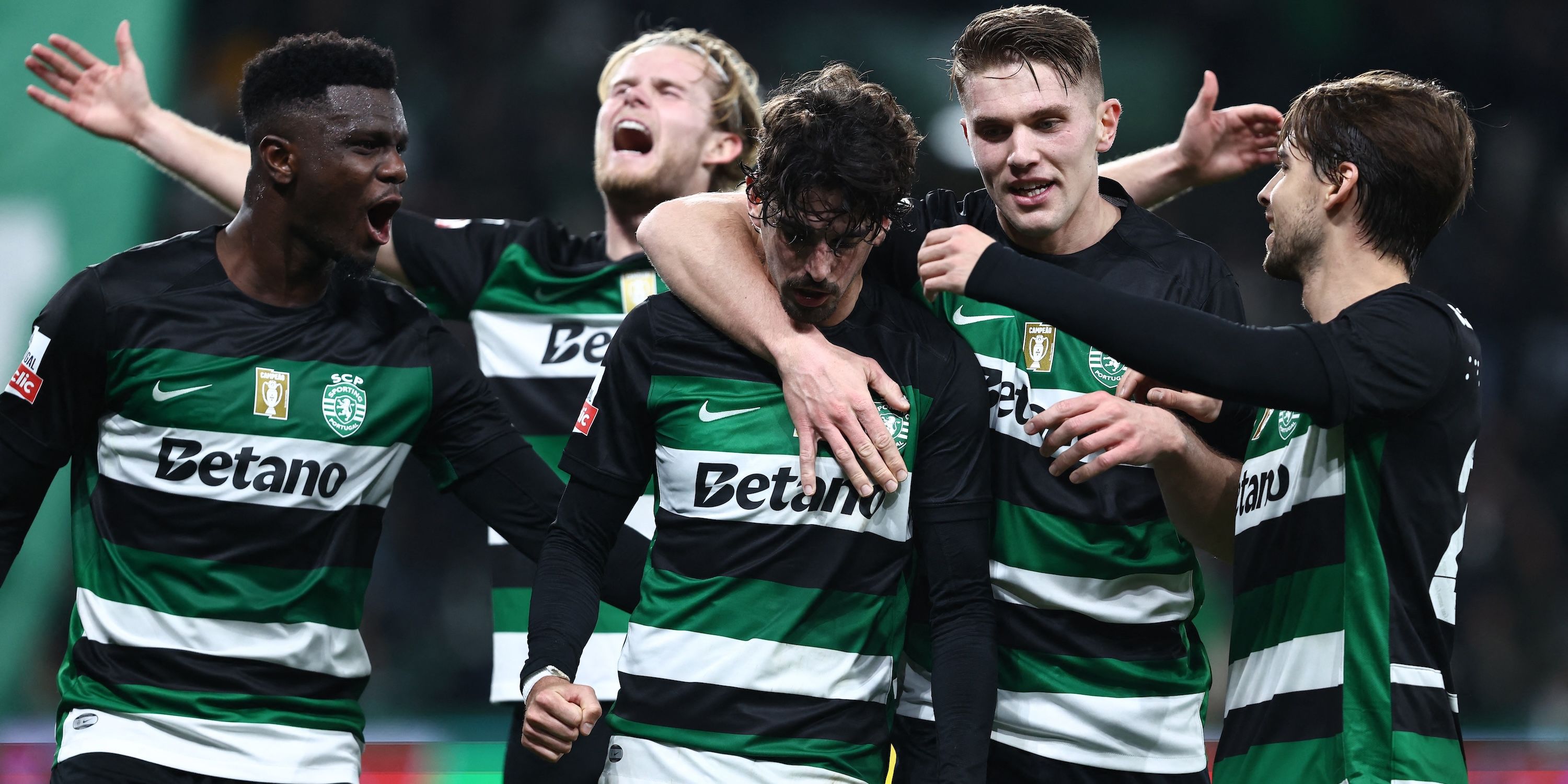 Sporting CP's Francisco Trincao celebrates scoring their first goal with Ousmane Diomande, Viktor Gyokeres and Daniel Braganca