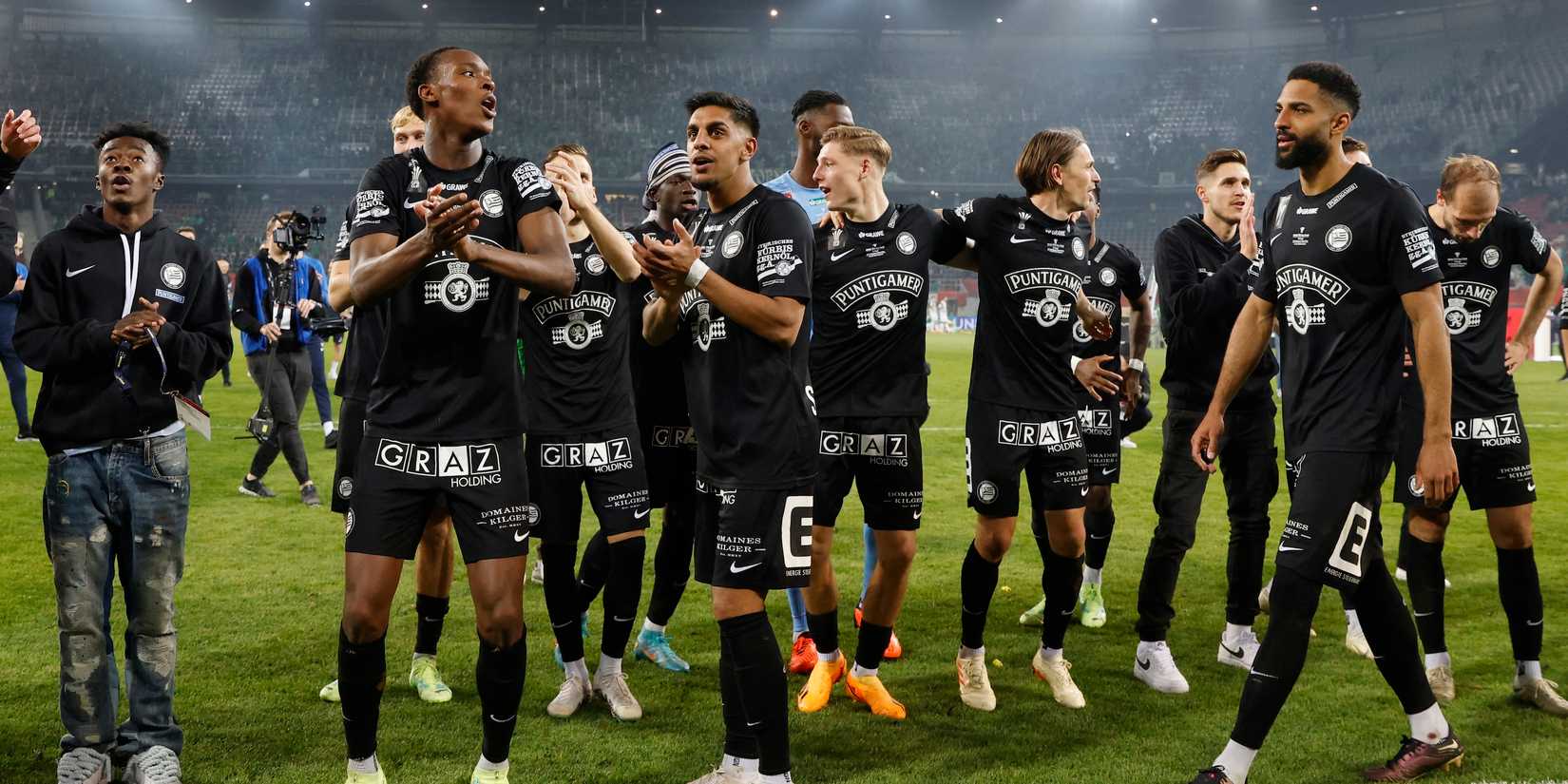 Sturm Graz's Manprit Sarkaria, Emanuel Emegha, Gregory Wuthrich and teammates