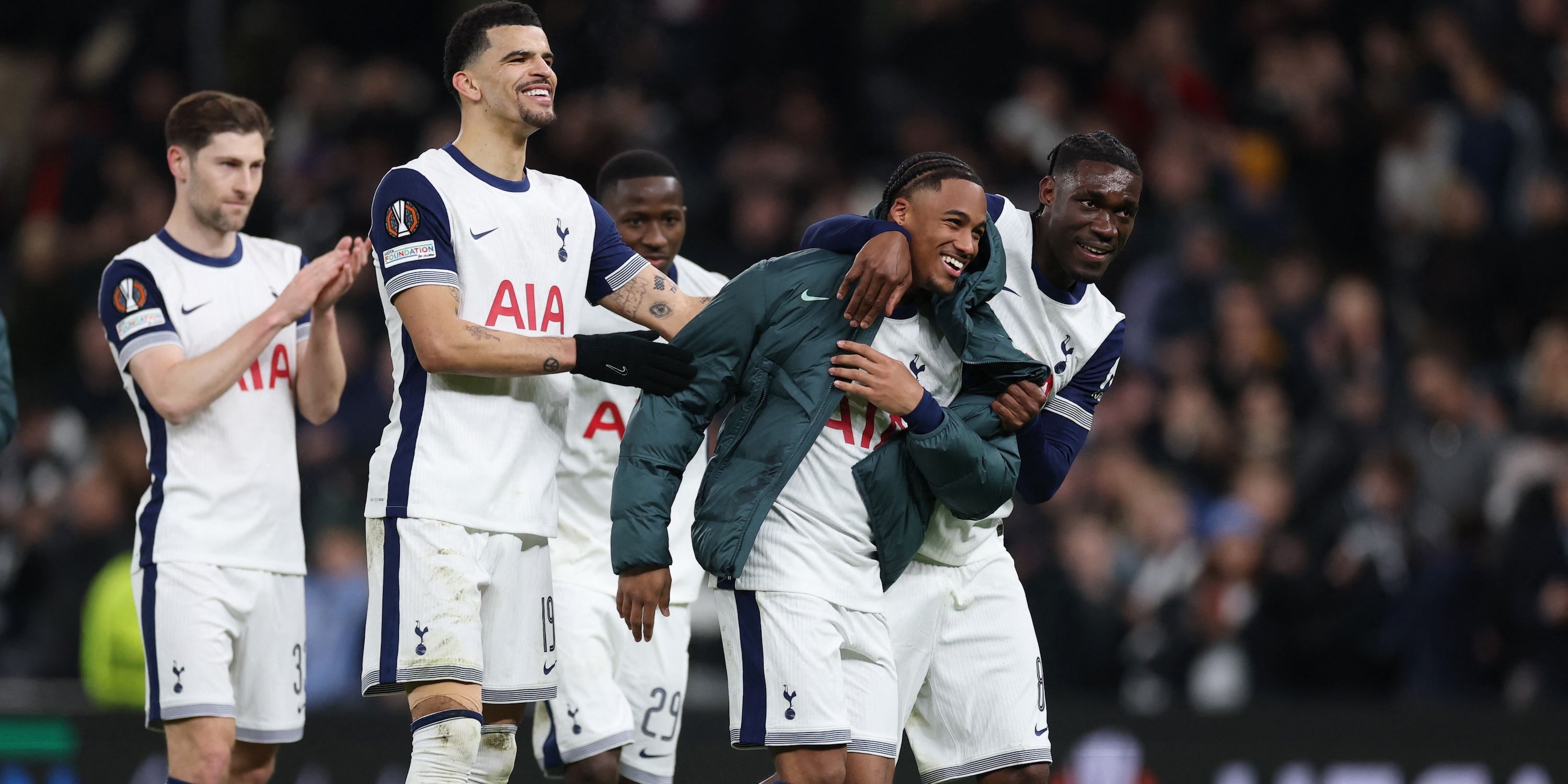 Tottenham Hotspur's Wilson Odobert celebrates with Yves Bissouma after the match